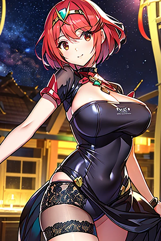 (8K, Best Quality, masutepiece:1.2), (Realistic, Photorealsitic:1.37) , 1girl in, (carousel, Night), Miao Xiaoji(secret_tee), Detailed face, Detailed eyes, Black Dress、masterpiece, top-quality, girl with, pyra\(Xenoblade\), girl with, bangss, breastsout, Akame, Mouth closed, Eye lashes, Floating hair,breastsout, Red hair, Masatsugu Saito, short-hair, skins 、独奏, swept bangs、Xenoblade Chronicles\(Series\)、(Xenoblade Chronicles 2)、Homura、