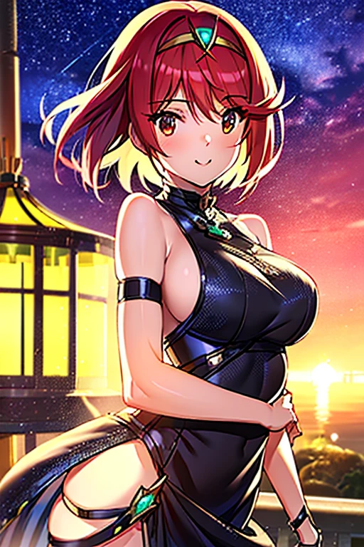 (8K, Best Quality, masutepiece:1.2), (Realistic, Photorealsitic:1.37) , 1girl in, (carousel, Night), Miao Xiaoji(secret_tee), Detailed face, Detailed eyes, Black Dress、masterpiece, top-quality, girl with, pyra\(Xenoblade\), girl with, bangss, breastsout, Akame, Mouth closed, Eye lashes, Floating hair,breastsout, Red hair, Masatsugu Saito, short-hair, skins 、独奏, swept bangs、Xenoblade Chronicles\(Series\)、(Xenoblade Chronicles 2)、Homura、