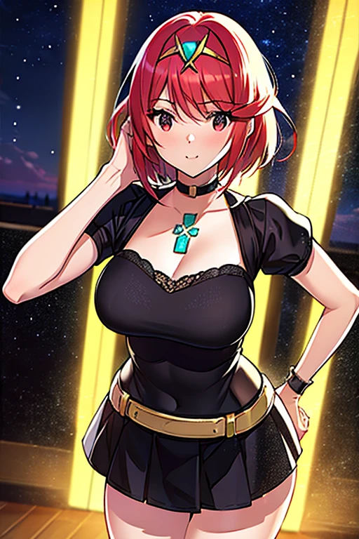 (8K, Best Quality, masutepiece:1.2), (Realistic, Photorealsitic:1.37) , 1girl in, (carousel, Night), Miao Xiaoji(secret_tee), Detailed face, Detailed eyes, Black Dress、masterpiece, top-quality, girl with, pyra\(Xenoblade\), girl with, bangss, breastsout, Akame, Mouth closed, Eye lashes, Floating hair,breastsout, Red hair, Masatsugu Saito, short-hair, skins 、独奏, swept bangs、Xenoblade Chronicles\(Series\)、(Xenoblade Chronicles 2)、Homura、