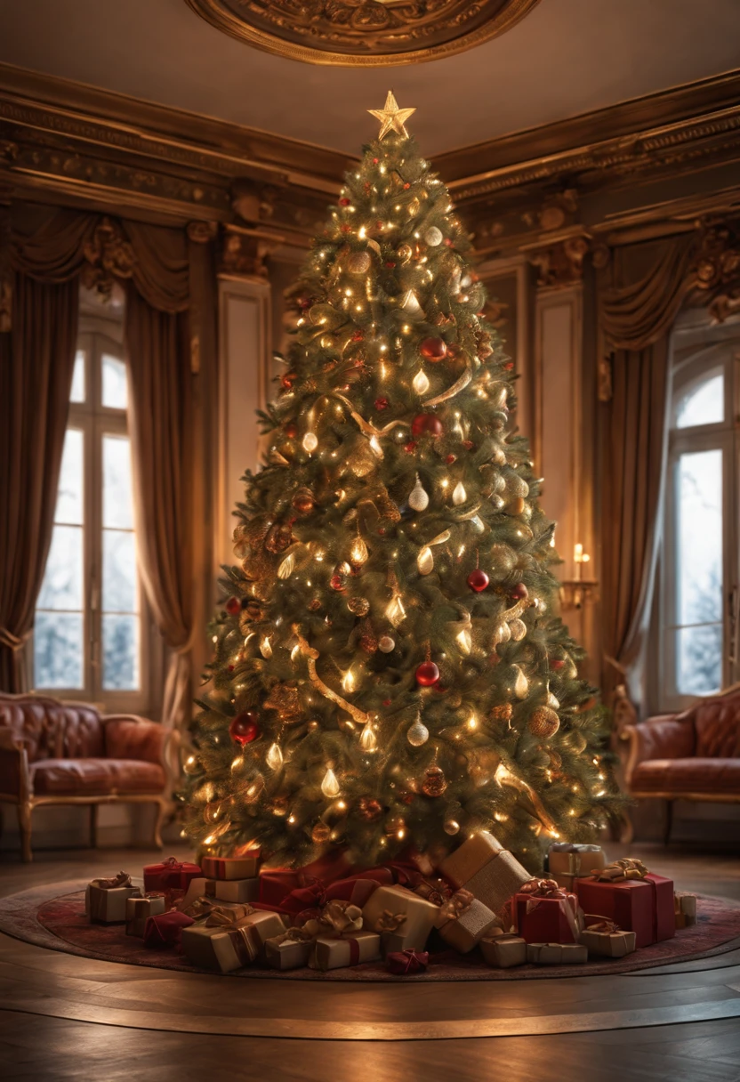 Breathtaking cinematic photo of a real Hyperrealistic christmas tree standing in an antique baroque interior, multi-colored lights and golden Christmas tree decorations on the christmas tree, candlelights, extremely high-resolution details, photorealism, realistic lifelike textures, masterpiece, best quality, sharp focus, photorealism, photorealistic, 8k, volumetric light, (intricate details),  hdr, high detailed, high quality, soft cinematic light, dramatic atmosphere, atmospheric perspective, ultra realistic, neutral colors, cinematic lighting, wide angle, film grain, dslr, raw photo,