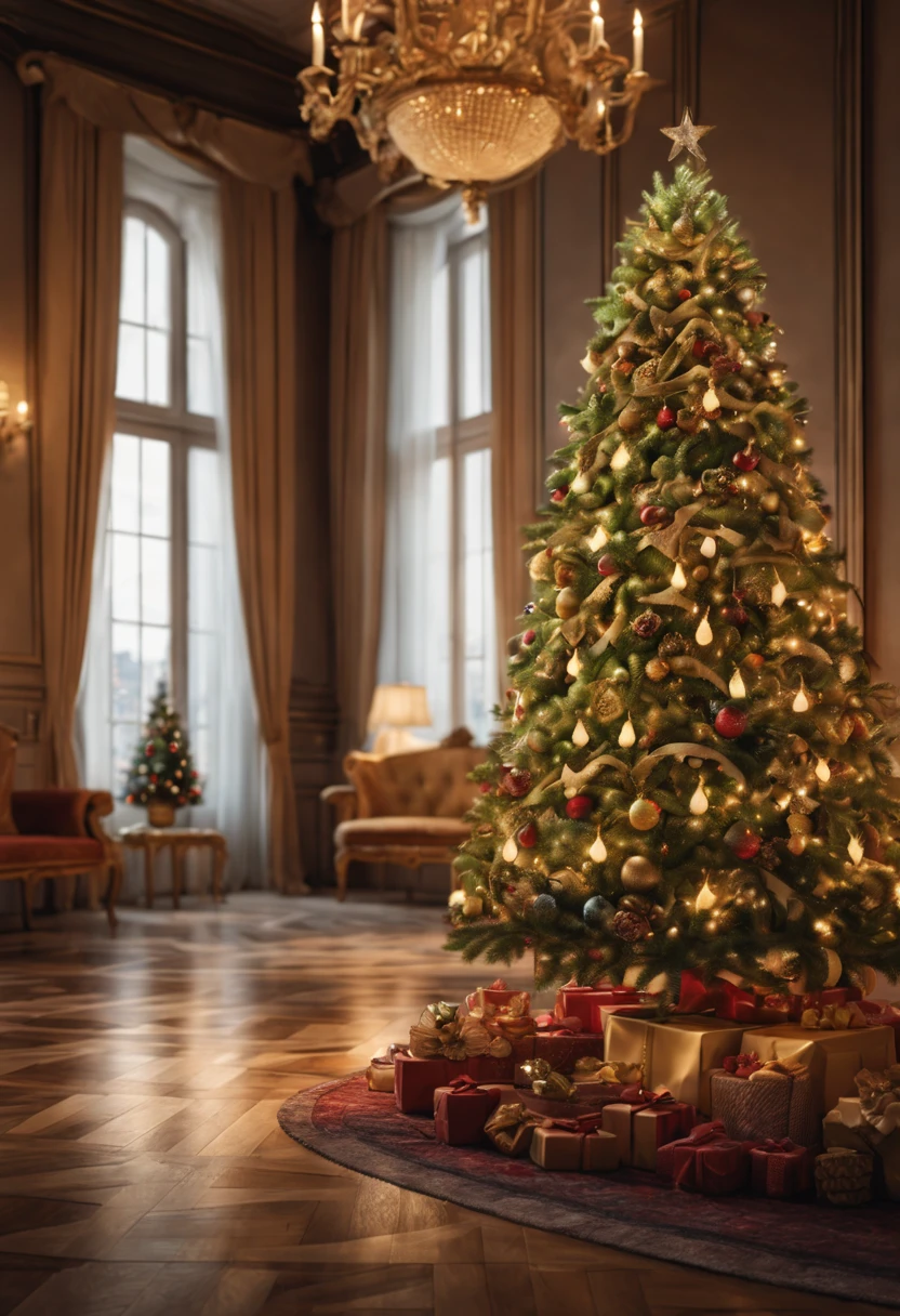 Breathtaking cinematic photo of a real Hyperrealistic christmas tree standing in an antique baroque interior, multi-colored lights and golden Christmas tree decorations on the christmas tree, candlelights, extremely high-resolution details, photorealism, realistic lifelike textures, masterpiece, best quality, sharp focus, photorealism, photorealistic, 8k, volumetric light, (intricate details), hdr, high detailed, high quality, soft cinematic light, dramatic atmosphere, atmospheric perspective, ultra realistic, neutral colors, cinematic lighting, wide angle, film grain, dslr, raw photo,