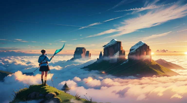 There is a man flying a kite on the mountain with blue sky, Photos of Erwin Bowen, window shutters, Sumatranism, Walking on the clouds and mist, There is fog, at sunrise, Arms stretched out from the thick fog, Blurry dream outdoors, beautiful morning, beginner, wanderer above the sea of fog, pointing to heaven, Girl standing on the hill
