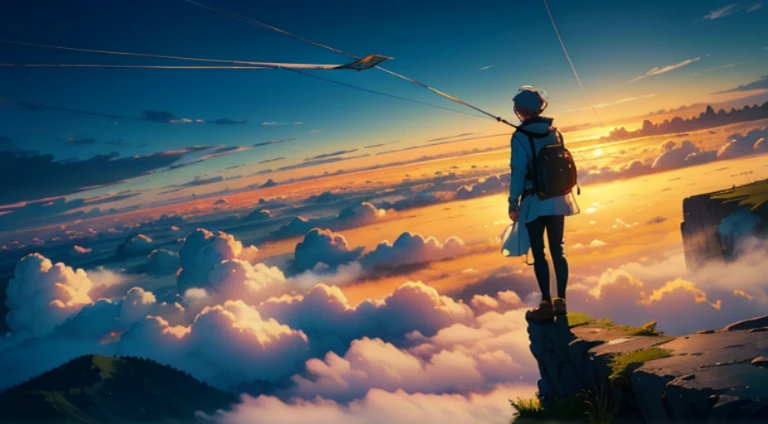 There is a man flying a kite on the mountain with blue sky, Photos of Erwin Bowen, window shutters, Sumatranism, Walking on the clouds and mist, There is fog, at sunrise, Arms stretched out from the thick fog, Blurry dream outdoors, beautiful morning, beginner, wanderer above the sea of fog, pointing to heaven, Girl standing on the hill