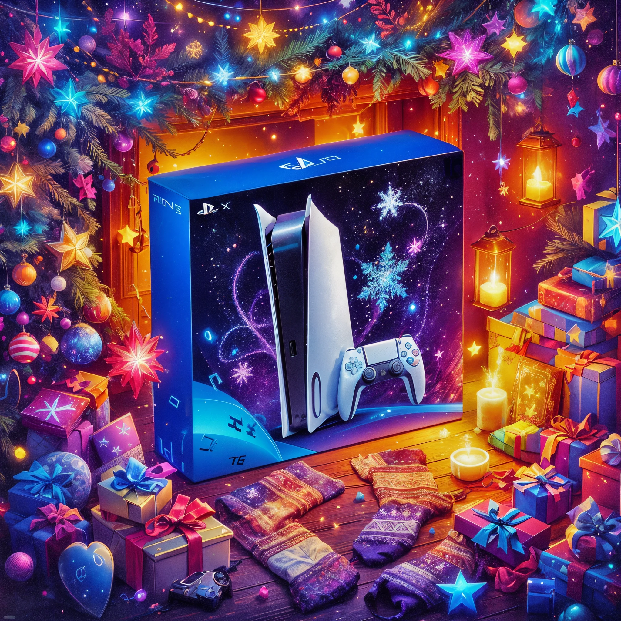 (Best quality, 8K, A high resolution, tmasterpiece:1.2), ultra - detailed, (actual, realistically:1.37), In vector illustration style, Vibrant colors, magical ambiance, Whimsical, Sparkling, Fantasy Christmas World, (((in the middle of a warm room, There is a box for the PlayStation 5 game console, The latest model of the PlayStation 5 game console is on the box))), Fireplace surrounded by Christmas and New Year decorations)，(Shining lantern)，(shiny starry light)，(Christmas tree, pompons，gifts, Christmas stockings), and decorations, Lovely design style, natta，sky sky，moon full，Shown in this beautiful scene, vibrant with colors, Surreal, Psychedelic, Complicated details, Beautiful texture, Ethereal, like a dream, Soft glowing light, Charming Patterns, Fantasy creatures, Hidden surprises, dreamlike landscapes, Surreal color palette, Mystic aura, hyper realisitc, Enchanting journey, psychedelic trip, vivid imagination, immersive experience, mysterious creature, otherworldly charm, glowing paths, Light up a dreamy and beautiful Christmas, surreal sky, Whimsical Christmas elements, a magical encounter, Fascinating artwork