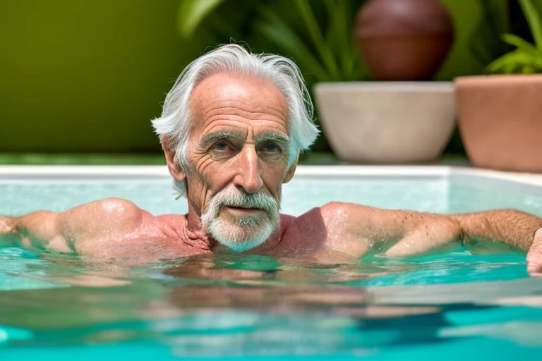 John Glover, An elder with a long beard and white hair, with a serene face wrinkles, looking producing, body older weak, skinny bones hairy, body naked, his shirt was open to reveal his stomach wrinkles older hairy weak and chest, arms legs neck hands feet skinny old and weak, shy and blushed, Lying in the bath swimming pool,master-piece,4K images,beste-Qualit