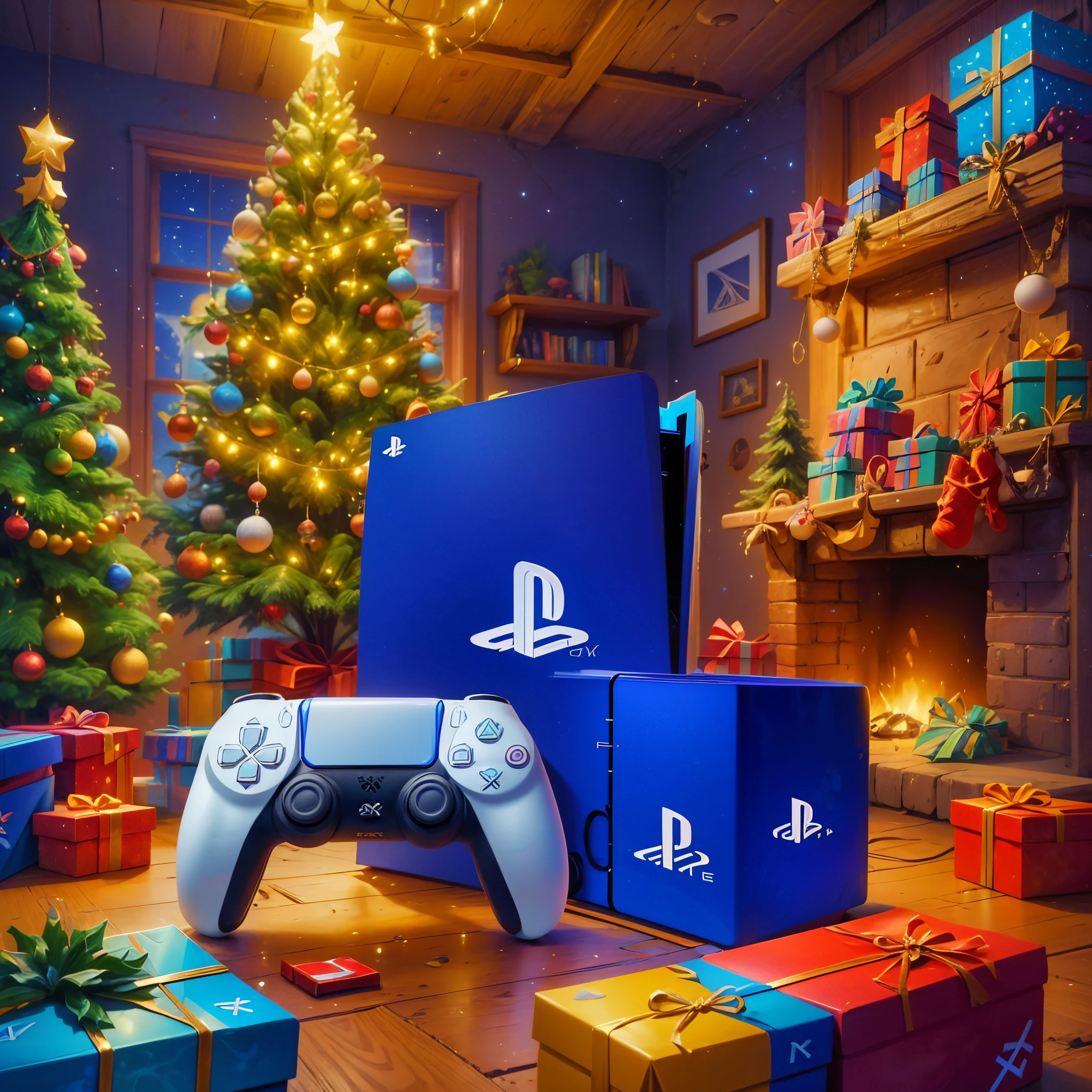 (Best quality at best, 8K, A high resolution, tmasterpiece:1.2), ultra - detailed, (actual, realistically:1.37), In vector illustration style, vibrant with colors, Magical atmosphere, Whimsical, Sparkling, Fantasy Christmas World, (((in the middle of a warm room, There is a box for the PlayStation 5 game console, The latest model of the PlayStation 5 game console is on the box))), Fireplace surrounded by Christmas and New Year decorations),(Shining lantern),(shiny starry light),(Christmas tree, pompons,gifts, Christmas stockings), and decorations, Lovely design style, natta,sky sky,moon full,Shown in this beautiful scene, vivd colour, Surreal, Psychedelic, Complicated details, Beautiful texture, Ethereal, like a dream, Soft glowing light, Charming Patterns, fantastical creature, Hidden surprises, dreamlike landscapes, Surreal color palette, Mystic aura, hyper realisitc, Enchanting journey, psychedelic trip, vivid imagination, immersive experience, mysterious creature, otherworldly charm, glowing paths, Light up a dreamy and beautiful Christmas, surreal sky, Whimsical Christmas elements, a magical encounter, Fascinating artwork
