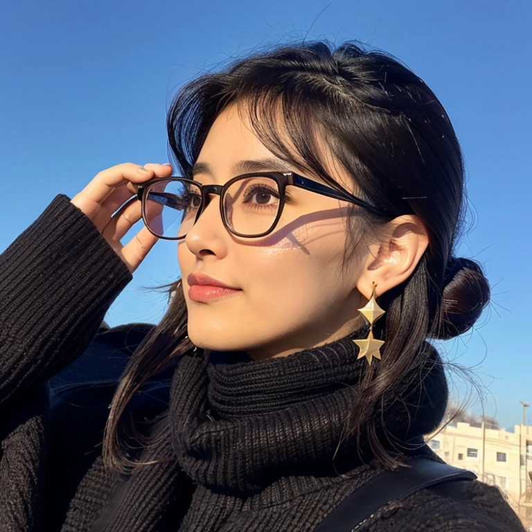 Girl Looking at the Sky，27yo，Long，Wearing black-rimmed glasses，the sky is a starry sky，My perspective looking at it from the side，Winters，wearing big heart earrings