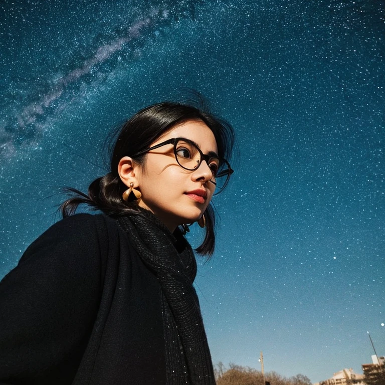 Girl Looking at the Sky，27yo，Long，Wearing black-rimmed glasses，the sky is a starry sky，My perspective looking at it from the side，Winters，wearing big heart earrings