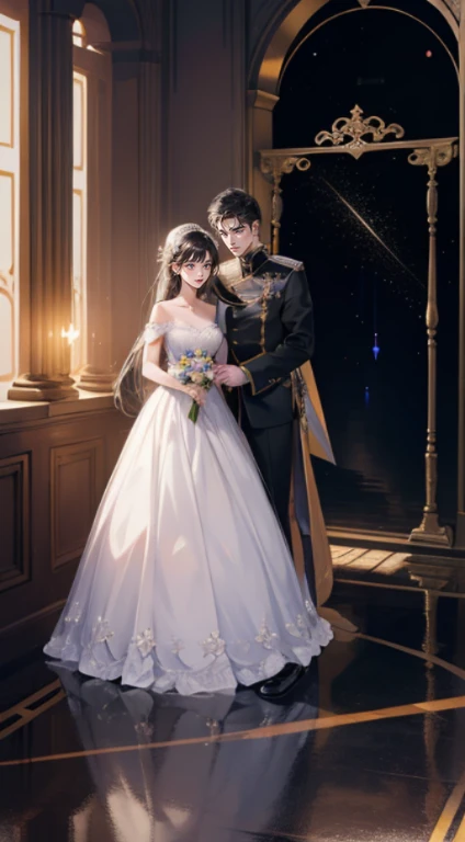 Wedding ceremony. Groom with bluish grey prince uniform, golden embellishments. Bride with Body tight wedding dress in taffeta, short lace sleeves, ruffled. Long veil. Silver and sapphire jewelry and embellishments. Silver tiara, elegant make-up. Castle as background, cinematic light, highly detailed.
