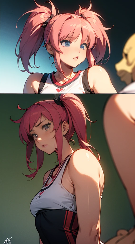 (best quality,8K,ultra-detailed,ultra-quality,ultra precision,masterpiece:1.2),ASUKA,SENRAN KAGURA game character,beautiful detailed eyes,beautiful detailed lips,extremely detailed eyes and face,long eyelashes,flawless skin,expressive facial features,pink hair in twin tails,sporty attire,confident pose,energetic expression,vibrant colors,accurate portrayal of the character's signature outfit,attention to small details on the clothing,sharp focus on the character,studio lighting,background featuring a school setting,highly dynamic composition,anime art style,classic Japanese animation style,faithful recreation of the character's style and essence.