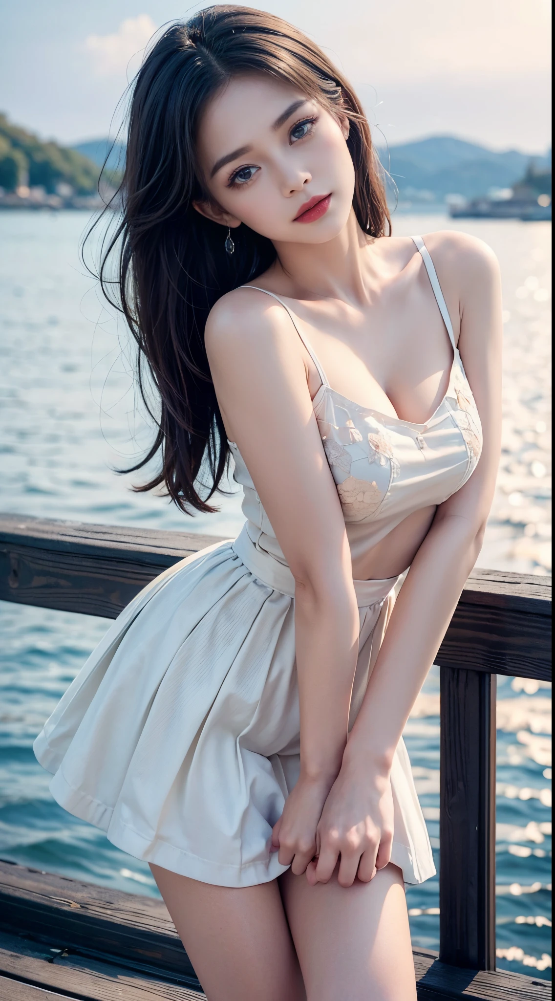 Sweet girl clothes5,high-waist skirt,jewelry,thighhighs, fashi-girl, red lips, mature female, makeup, Big eyes. Pretty eyes, ((Random shooting angles)), (best quality, masterpiece:1.2), ultra-detailed, (realistic:1.37), beautiful, youthful, glamorous model with (detailed eyes, detailed lips, extremely detailed eyes), with white and floral colors, showcasing a radiant smile, slender figure, long legs, creating a breathtaking depiction of a girl enjoying the sunshine, Outdoor sports, the beach, on the pier, Warm tones, extremely high color saturation, official art, extremely detailed CG unified 8k wallpaper,(High dynamic range :1.4), (cinematic),(soft colors, dull colors, soothing tones :1.3), (natural skin texture, ultra-realistic, soft light, sharp),(very detailed), Evening, autumn, autumn maple leaves, professional lighting, leaning against the guardrail, looking into the distance