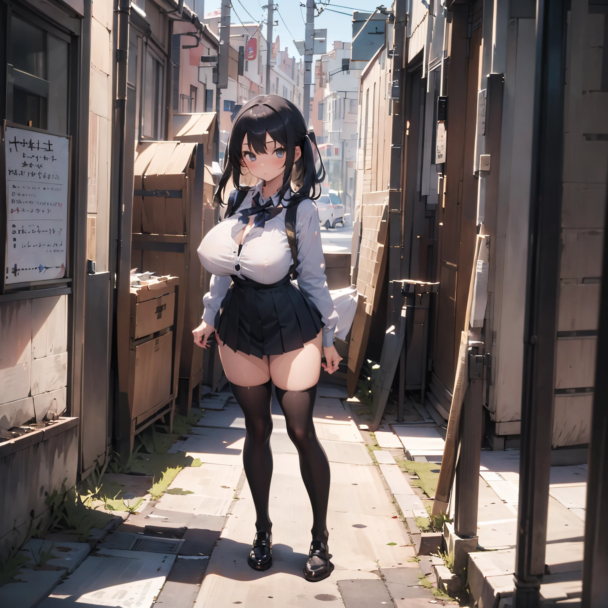 (1 girl standing:1.3), (solo:2.0), (huge perky breasts:1.7), thin waist, (thin long legs:1.5), (black thighhighs:1.3), (very short skirt:1.5), nose blush, school uniform