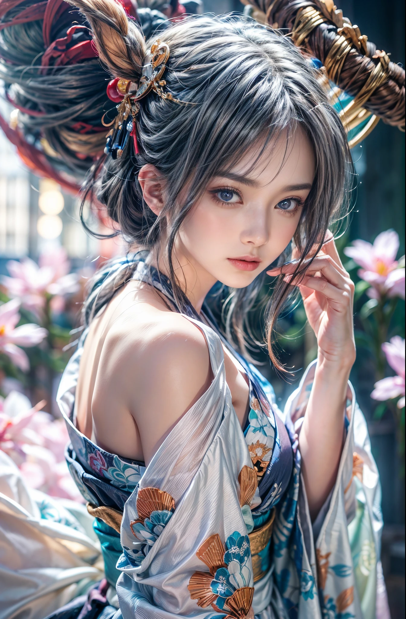 (Photoreal Stick:1.4, masutepiece:1..3, 8K), top-quality, masterpiece, 超A high resolution, Perfect dynamic composition, Professional camera work, Grow Light Effect, Mystical portrait, Cinematic Light, Highly detailed skin and facial texture:1.3, The ultra-detailliert, A detailed eye, (riding a dragon, carry a noble long cane), (myterious:1.3, Fanciful:1.2, tradition:1.2, majestueux:1.2), 1girl in, 25-years old, cute and sexy slim goddess, Fair skin, (Calm:0.9, Totally captivates you:1.0), (japanese kimono:1.3, off shoulders), (voluptuous breasts:0.9), (Backshots), (A beautiful Blue eyes, Eyes that feel beautiful eros:0.85), Sexy face:0.4, (A mouthfeel that feels beautiful eros:0.85), ((Too cute beauty:0.9)), Fantastic background, Eliminate unnecessary hands