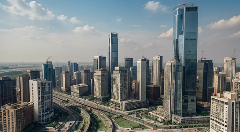 skyline of many tall buildings, Indian crowded city, road traffic , water pollution, air pollution, drone view, , noon day time , realistic , 4k , hyper realistic