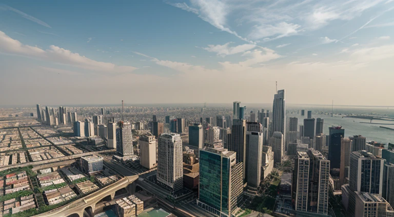 skyline of many tall buildings, Indian crowded city, road traffic , water pollution, air pollution, drone view, , noon day time , realistic , 4k , hyper realistic