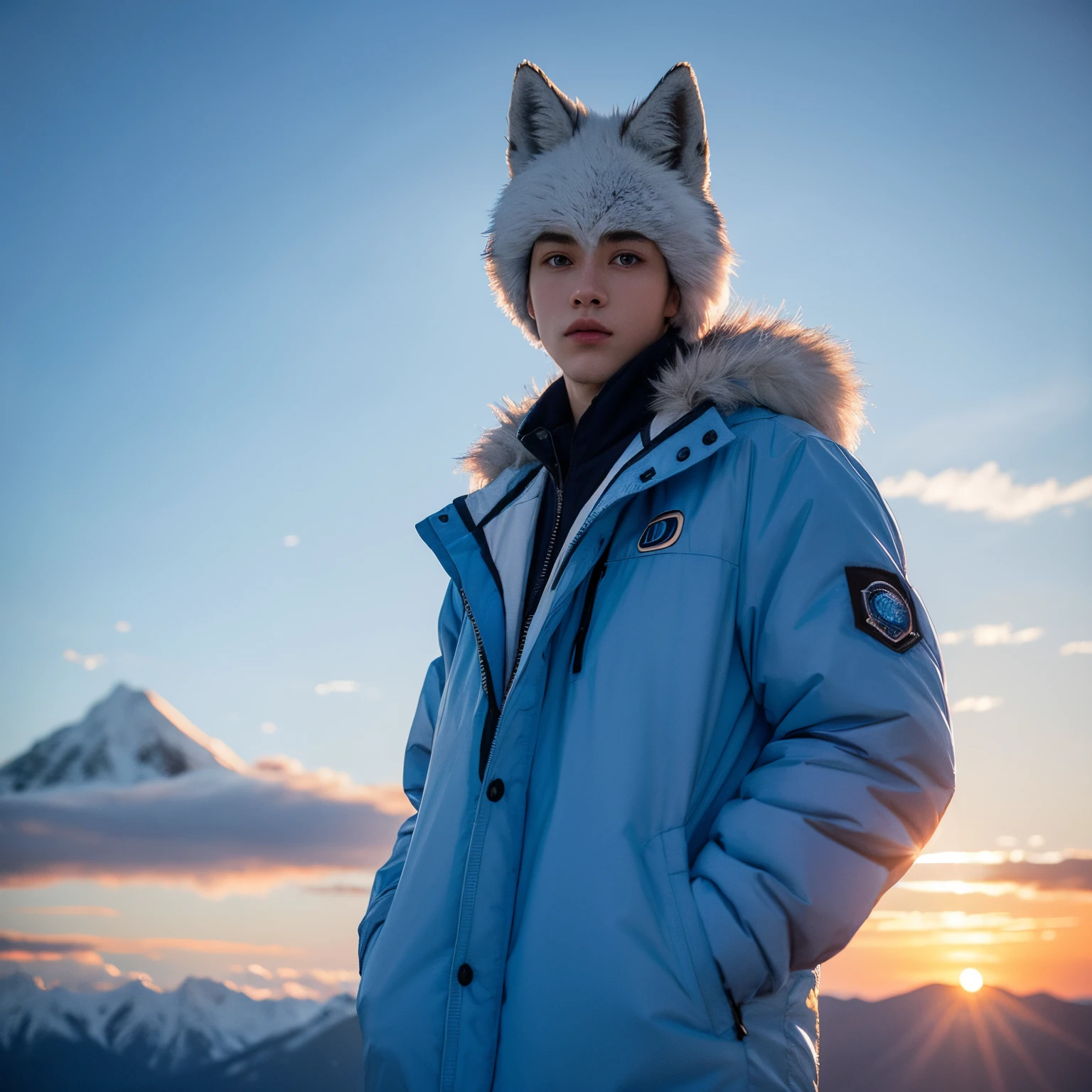 furry male blue white pattern blue pupil fox bright pupil standing wearing blue cotton jacket snow mountain sunset