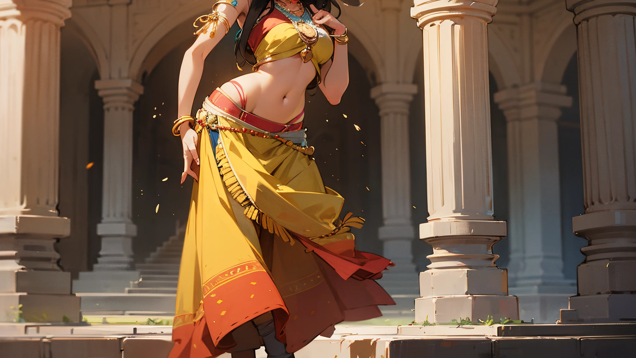 Create a detailed digital representation of an Indian woman dancing gracefully in a Hindu temple, capturing every detail of her body in a super realistic way. Emphasize the entire body, highlighting fluid movements, engaging facial expressions and vibrant traditional costumes, while the temple light highlights the contours of the scene, --auto --s2