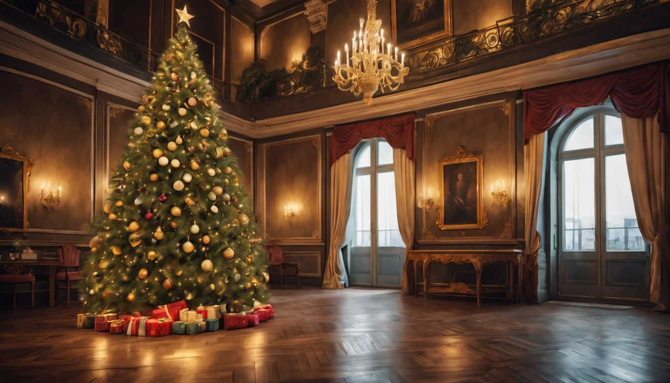 Breathtaking cinematic photo of a real Hyperrealistic christmas tree standing in an antique baroque interior, multi-colored lights and golden Christmas tree decorations on the christmas tree, candlelights, extremely high-resolution details, photorealism, realistic lifelike textures, masterpiece, best quality, sharp focus, photorealism, photorealistic, 8k, volumetric light, (intricate details),  hdr, high detailed, high quality, soft cinematic light, dramatic atmosphere, atmospheric perspective, ultra realistic, neutral colors, cinematic lighting, wide angle, film grain, dslr, raw photo,