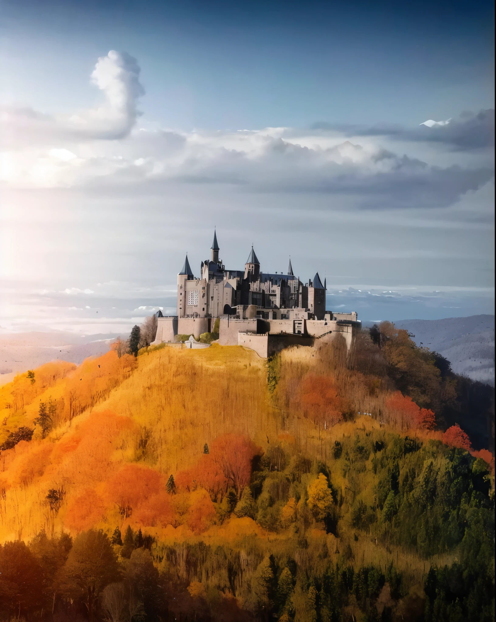 arafed castle on a hill with trees in the foreground, beautiful castle, by Werner Gutzeit, germany. wide shot, fairy tale place, castle on the mountain, by Emanuel Büchel, epic castle with tall spires, a medieval castle, germany, gothic castle in background, castle on the background, magical castle school on a hill, located in a castle