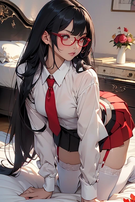 Long black straight hair)、 (extra detailed face、extremely detailed eye、二重まぶた、Red glasses、Very embarrassing、Thick lip)、(White formal shirt:1.3)、(Red Sexy Panties:1.3)、(Red short tie:1.3) (black tight mini pleated skirt:1.3)、、 (Black garter belt:1.4)、(Black thigh socks:1.4)、 ((Medium chest:1.3)、Glamorous、Slim waist、big butts、(zettai ryouiki:1.3)) 、(５Fingered hand、Beautiful woman with perfect figure、high detailed skin texture)、 (ultra close up:1.3)、(Focus on the crotch)、(From the top:1.2)、 (Posture looking back from behind:1.3)、(all fours in bed:1.5)、(Many colorful flowers bloom in the background:1.3)、 (top-quality、8K、​masterpiece)、(Centered、scale to fit the dimensions、thirds rule)、 (NSFW:1.1)