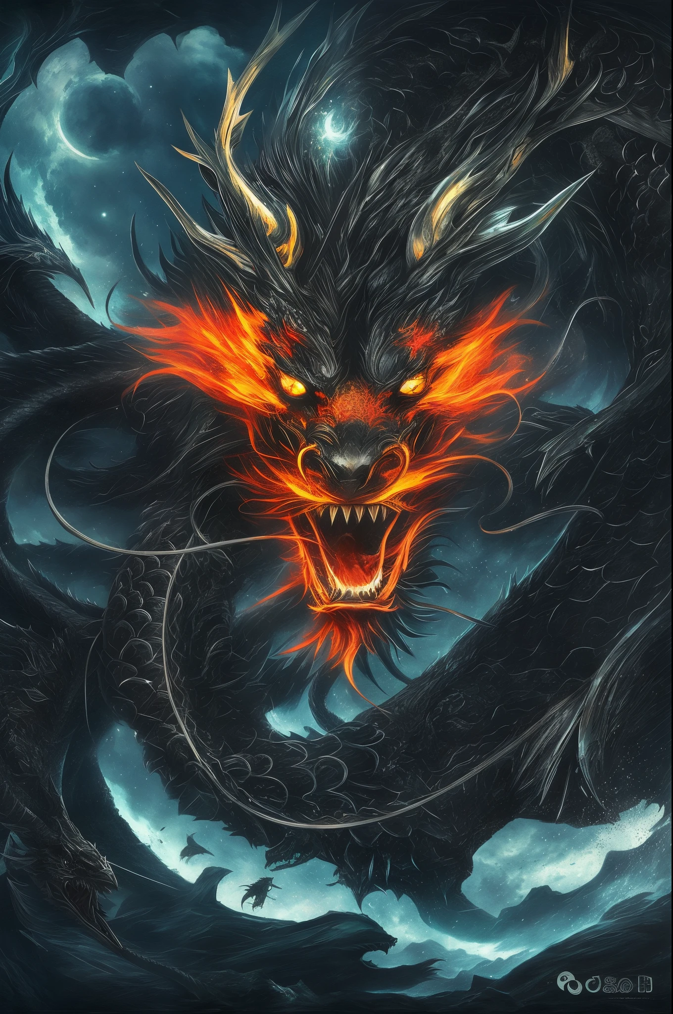 great masterpiece,winning artwork,UHD resolution,(with black background:1.2)(dark cloude:1.2),themoon,black long tailed dragon, Black Dragon,Black Chinese dragon, chinese dragon concept art, dragon oil painting, chinesedragon, Black Dragon, Dragon Art, smooth chinese dragon, Chinese mythology, The majestic Japanese black dragon, chinese fantasy, ryujin,mistic,8K