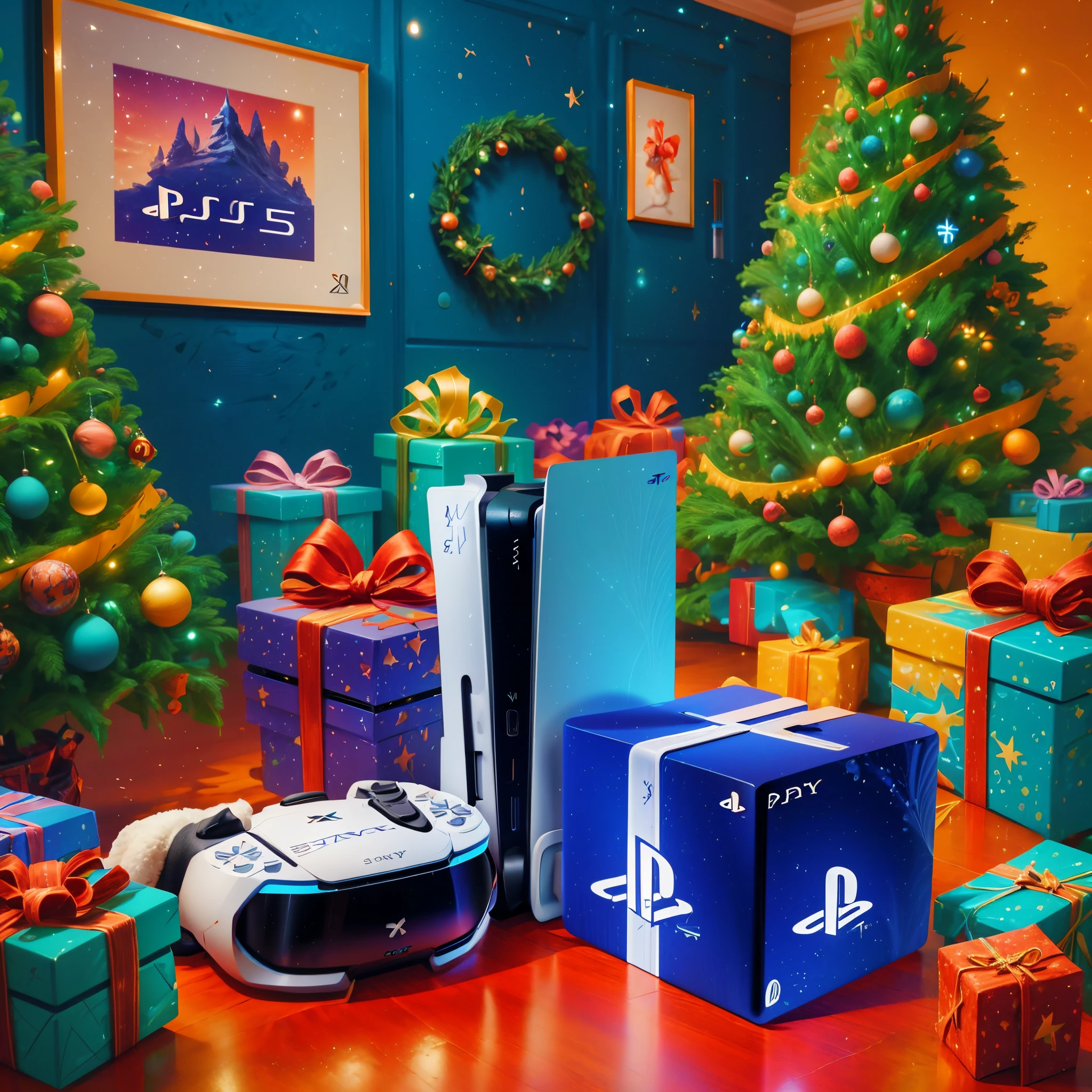 (Best quality at best, 8K, A high resolution, tmasterpiece:1.2), ultra - detailed, (actual, realistically:1.37), In vector illustration style, vibrant with colors, Magical atmosphere, Whimsical, Sparkling, Fantasy Christmas World, (((in the middle of a warm room, There is a box for the PlayStation 5 game console, The latest model of the PlayStation 5 game console is on the box))), Fireplace surrounded by Christmas and New Year decorations)，(Shining lantern)，(shiny starry light)，(Christmas tree, pompons，gifts, Christmas stockings), and decorations, Lovely design style, natta，sky sky，moon full，Shown in this beautiful scene, vivd colour, Surreal, Psychedelic, Complicated details, Beautiful texture, Ethereal, like a dream, Soft glowing light, Charming Patterns, fantastical creature, Hidden surprises, dreamlike landscapes, Surreal color palette, Mystic aura, hyper realisitc, Enchanting journey, psychedelic trip, vivid imagination, immersive experience, mysterious creature, otherworldly charm, glowing paths, Light up a dreamy and beautiful Christmas, surreal sky, Whimsical Christmas elements, a magical encounter, Fascinating artwork