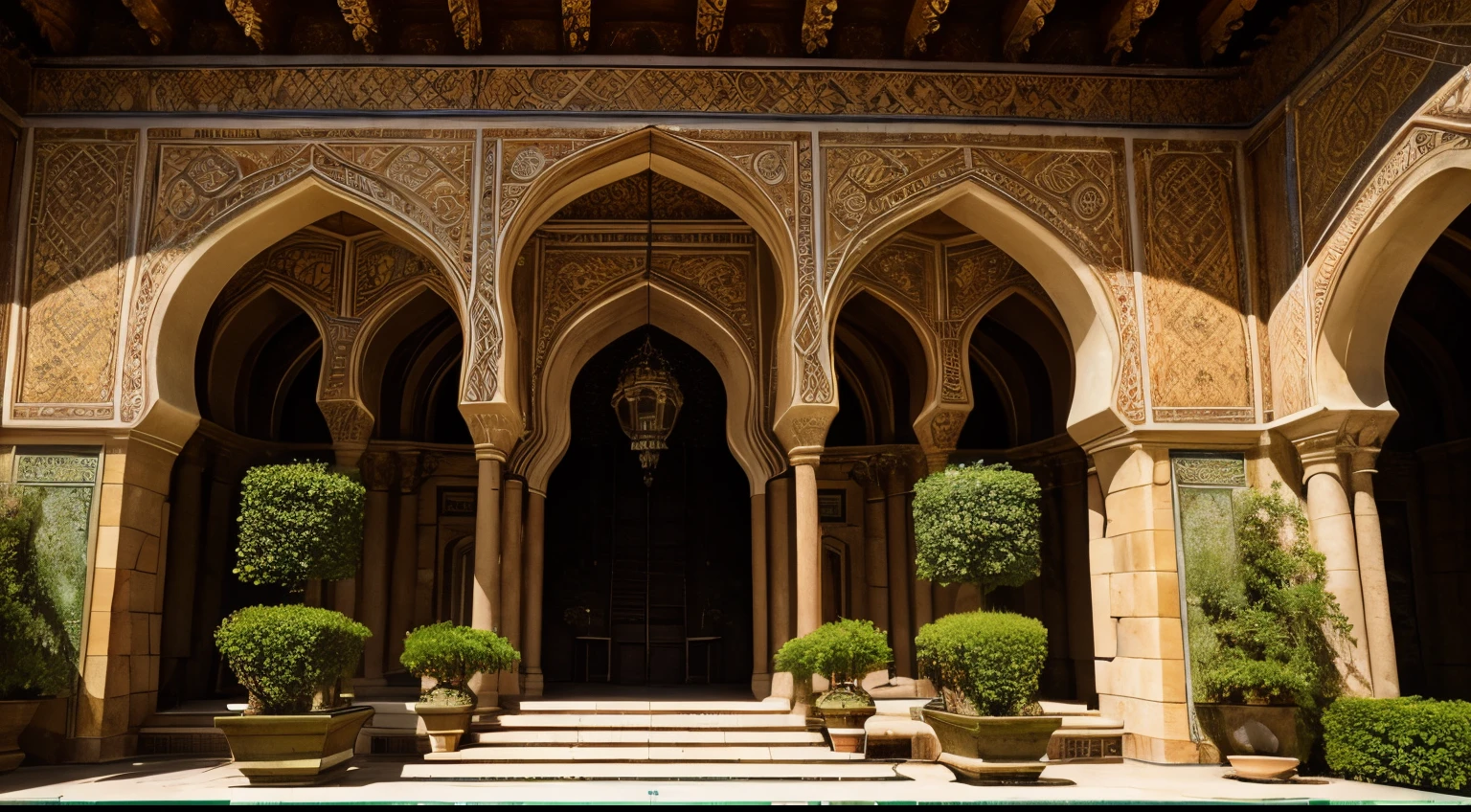 Hanging gardens, architecture, monastery, mosque, vibrant flowers. Spanish moroccan architecture, by Jean Leon Gerome, Asher Brown Durand. --test --h 384