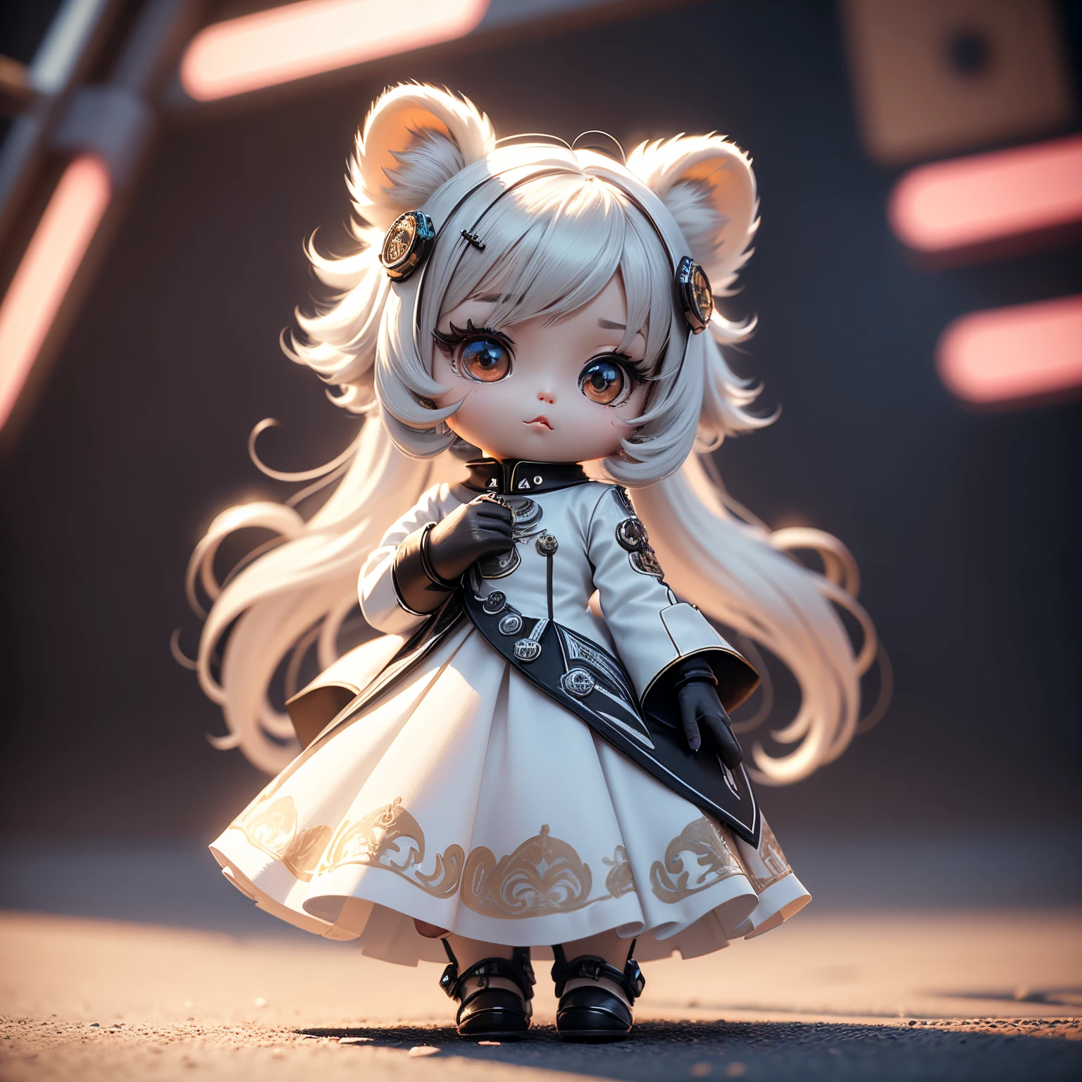 ​masterpiece、top-quality、ultra-detailliert、（Chibi Chara's Daughter：1.3），（White theme：1.3），（cyber future design：1.4）（white high neck cyber dress，flare sleeve、flered skirt、Bear：1.5），（Metallic fabric with built-in LED light：1.3），（Hair ornament inspired by the cyber future：1.3），（Cyber futuristic city on white background：1.5），（Blurry：1.4），chibi character anime 3d