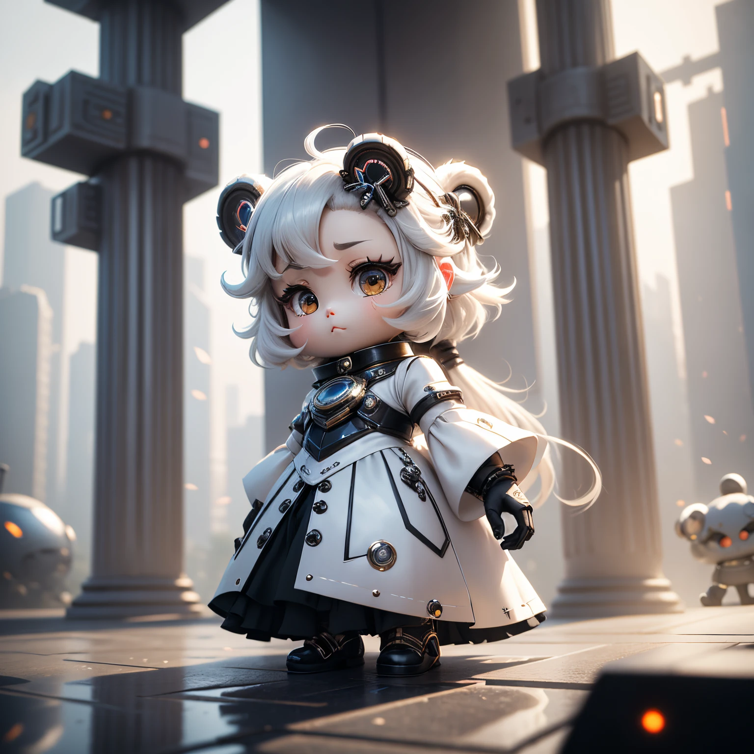 ​masterpiece、top-quality、ultra-detailliert、（Chibi Chara's Daughter：1.3），（White theme：1.3），（cyber future design：1.4）（white high neck cyber dress，flare sleeve、flered skirt、Bear：1.5），（Metallic fabric with built-in LED light：1.3），（Hair ornament inspired by the cyber future：1.3），（Cyber futuristic city on white background：1.5），（Blurry：1.4），chibi character anime 3d