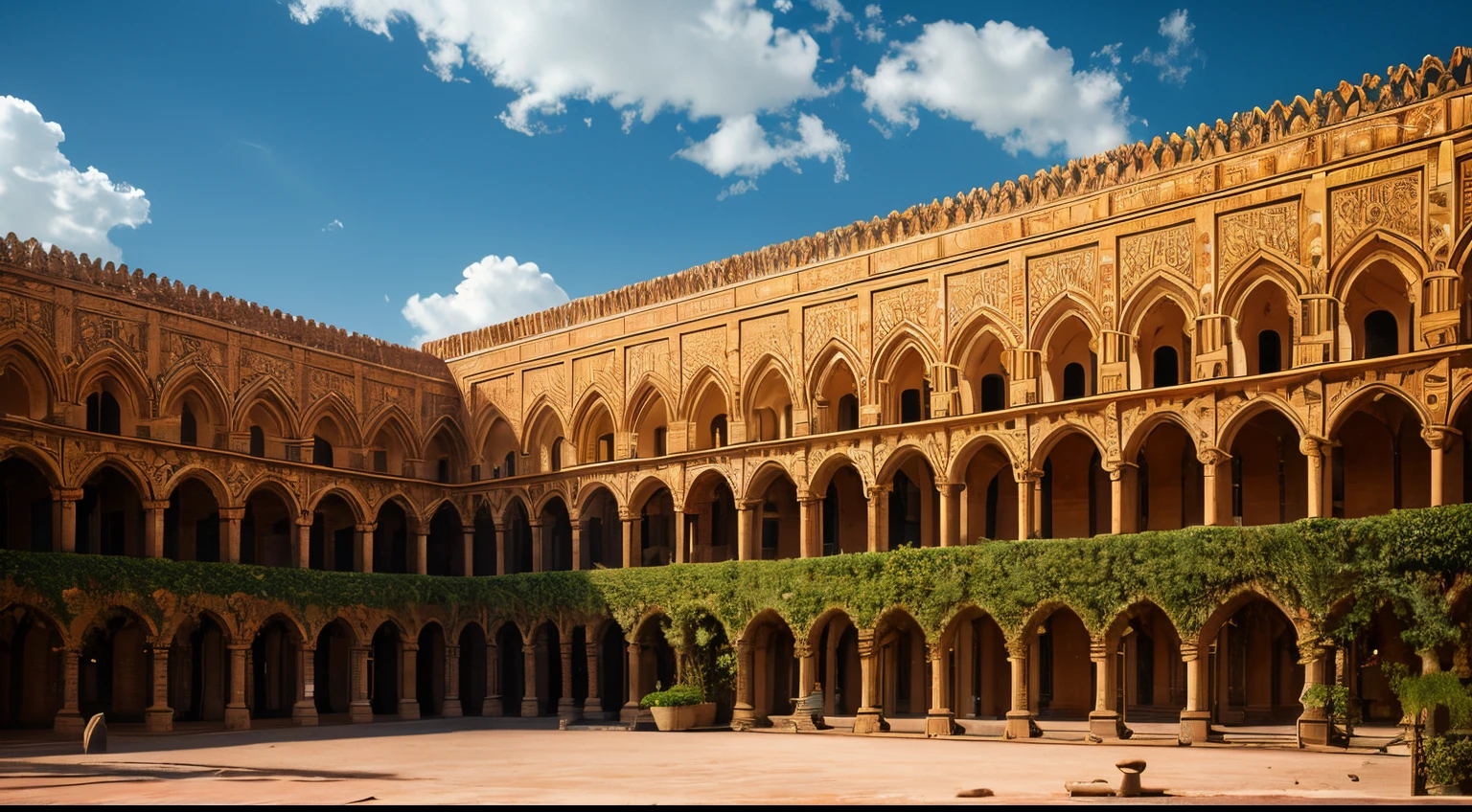 Hanging gardens, architecture, monastery, mosque, vibrant flowers. Spanish moroccan architecture, by Jean Leon Gerome, Asher Brown Durand. --test --h 384