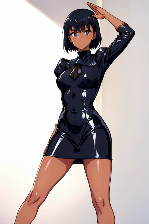 Masterpiece, Best Quality, Highly detailed, illustration, absurdres, agent aika, black delmo uniform, jacket pencil skirt, miniskirt, extremely glossy latex, puffy sleeves, tight miniskirt, latex, Beautiful body, Beautiful Nose, Beautiful character design, perfect eyes, perfect face, beautiful legs, perfect legs, Nice hands, Perfect hand, 1girl, solo, expressionless, blank eyes, looking at viewer, emotionless, black latex, corrution, mind control, female combatant, full body, hypnotized, unhappy trance, perfect female body, hypnosis, hypnoLora, empty eyes, Mind control device, poses, submissive_pose, ribbed bodysuit, standing, standing at attention, standing at attention, nazi saluting, military saluting, salute, SummerTime Rendering, Kofune Mio, dark skin, black hair, short hair