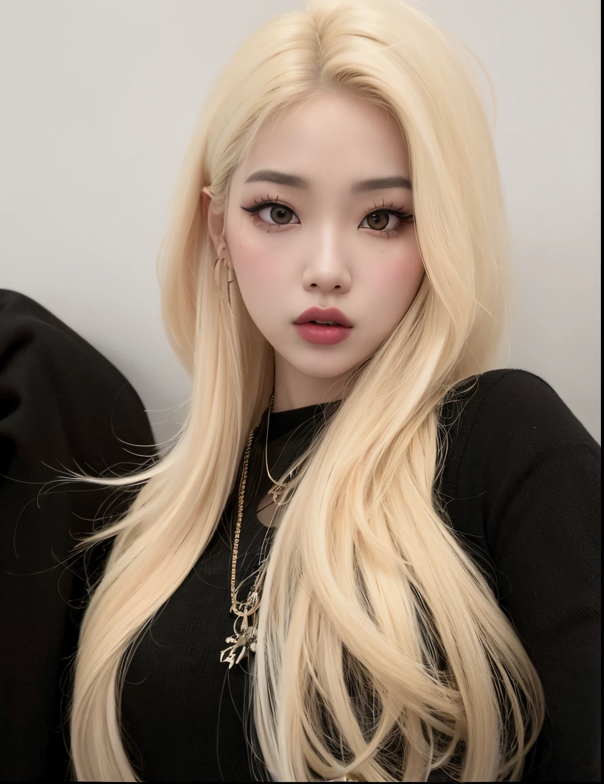 um close de uma pessoa com longos cabelos loiros e um colar, ava max, cruel korean goth girl, menina coreana, maquiagem sul-coreana popular, longos cabelos loiros e olhos grandes, very very pale blond hair, extremely pale blond hair, Parque Roseanne do Blackpink, Sakimichan, Heonhwa Choe, Retrato de Jossi de Blackpink, BBWCHAN