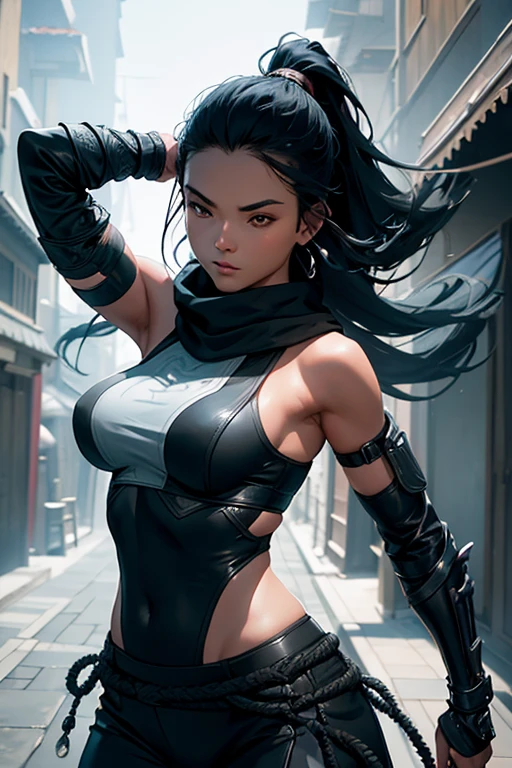 (best quality,4k,8k,highres,masterpiece:1.2),ultra-detailed,(realistic,photorealistic,photo-realistic:1.37),masked oriental ninja girl in leather clothes,beautiful detailed eyes,beautiful detailed lips,dark and mysterious atmosphere,detailed leather texture,twisted and stylized pose,dynamic action,nighttime scene,shadows and light contrast,subtle color palette,sharp focus,professional,expressionless face,ninja mask,flowing hair,wisps of smoke,hidden weapons,running on rooftops,silhouette on the moonlit sky,stealth and agility,ethereal and elegant,emphasizing strong yet graceful movements,Japanese traditional elements,subtle swordsman,confident and focused,jumping over obstacles,intense and immersive experience,powerful and skilled fighter,dark alleyways and bustling city,urban ninja warrior,engaging and captivating narrative,adventurous and thrilling journey.