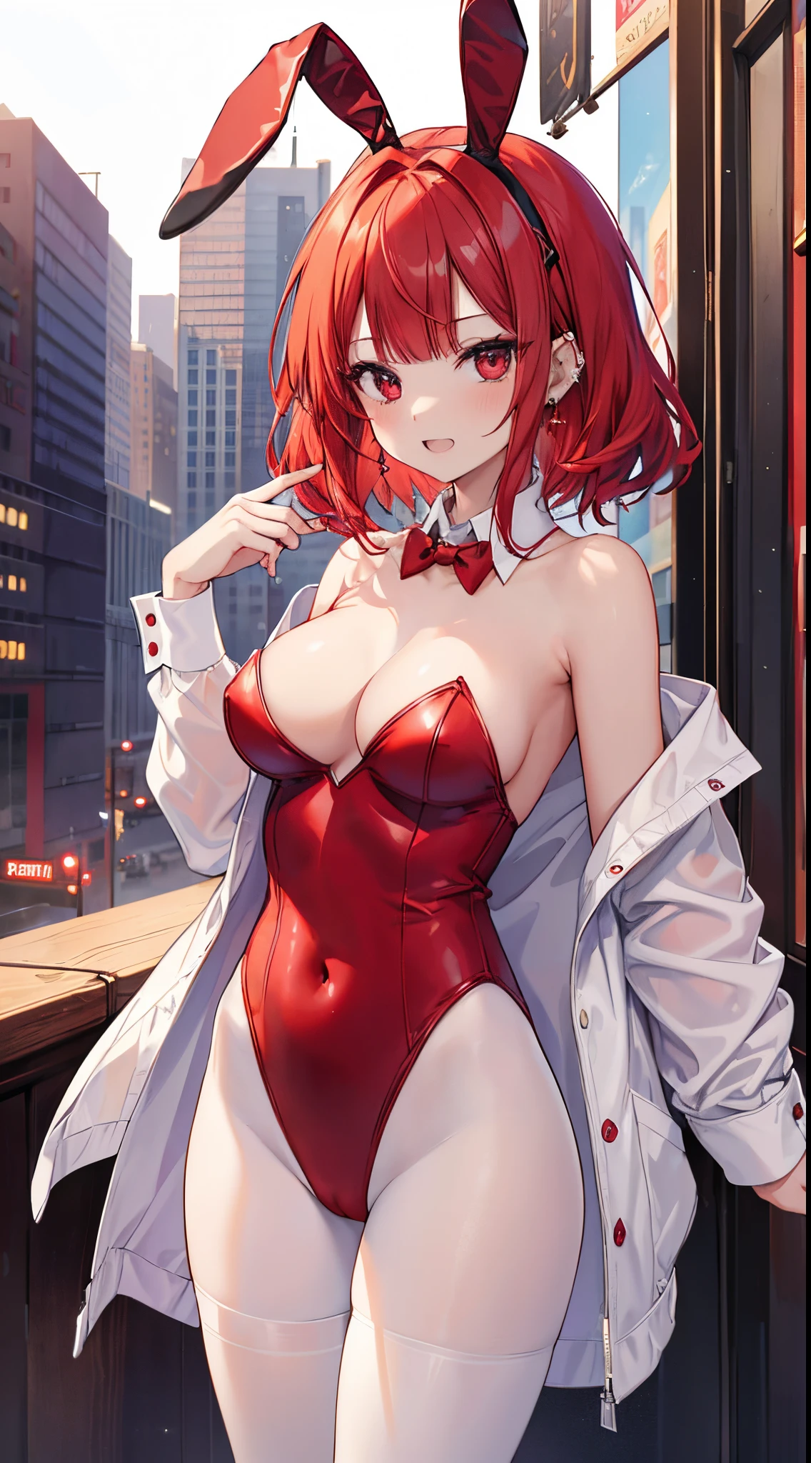 (8K、Top image quality、top-quality、masterpiece)、A detailed face、1 girl in、red hairmedium hair、blunt bangs、red eyes、piercings、Jagged teeth、laugh、Moderately breasts、((red playboy bunny))、white pantyhose、cowboy shot、natta、Downtown background