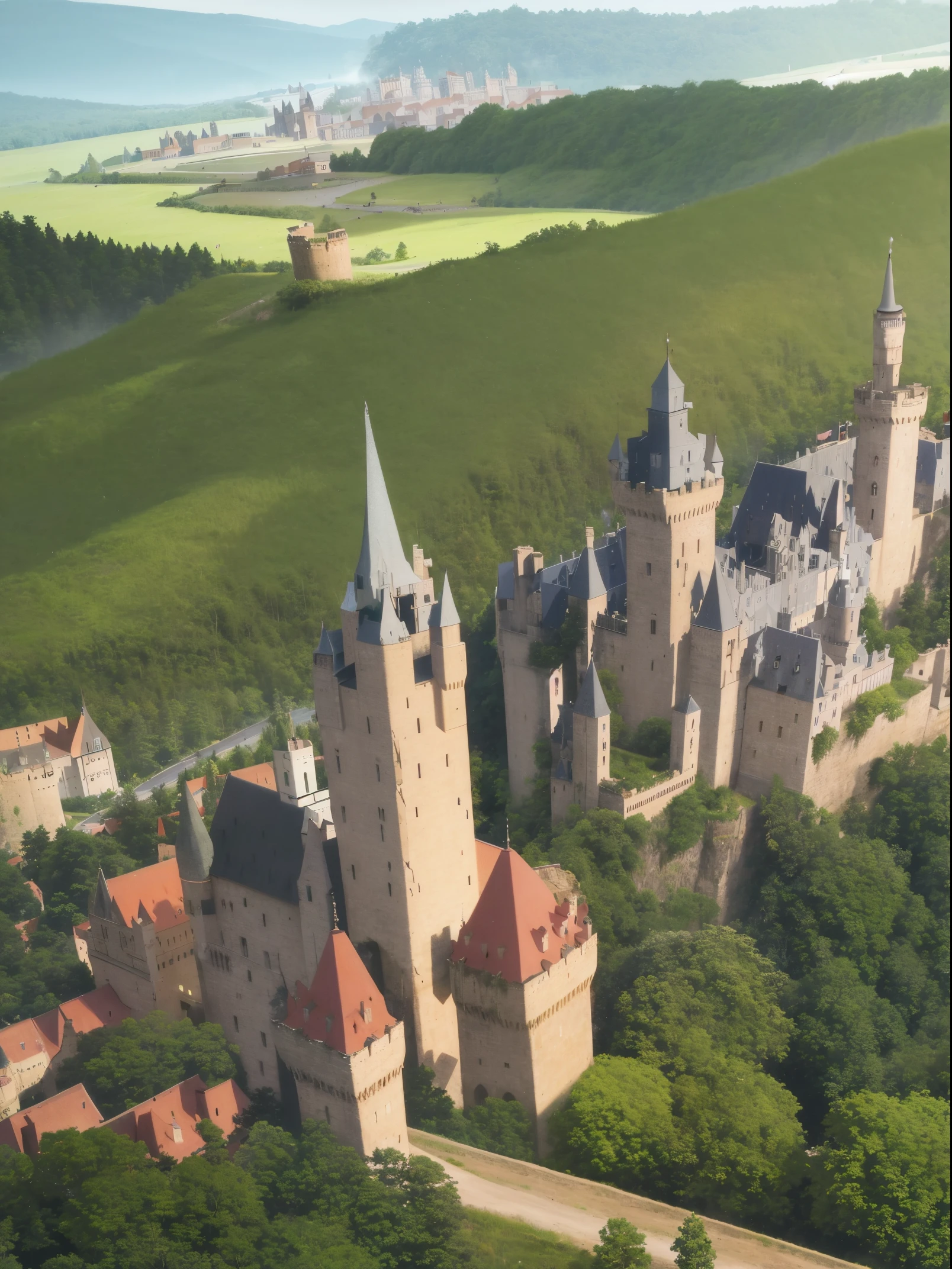 arafed castle on a hill with trees in the foreground, beautiful castle, by Werner Gutzeit, germany. wide shot, fairy tale place, castle on the mountain, by Emanuel Büchel, epic castle with tall spires, a medieval castle, germany, gothic castle in background, castle on the background, magical castle school on a hill, located in a castle