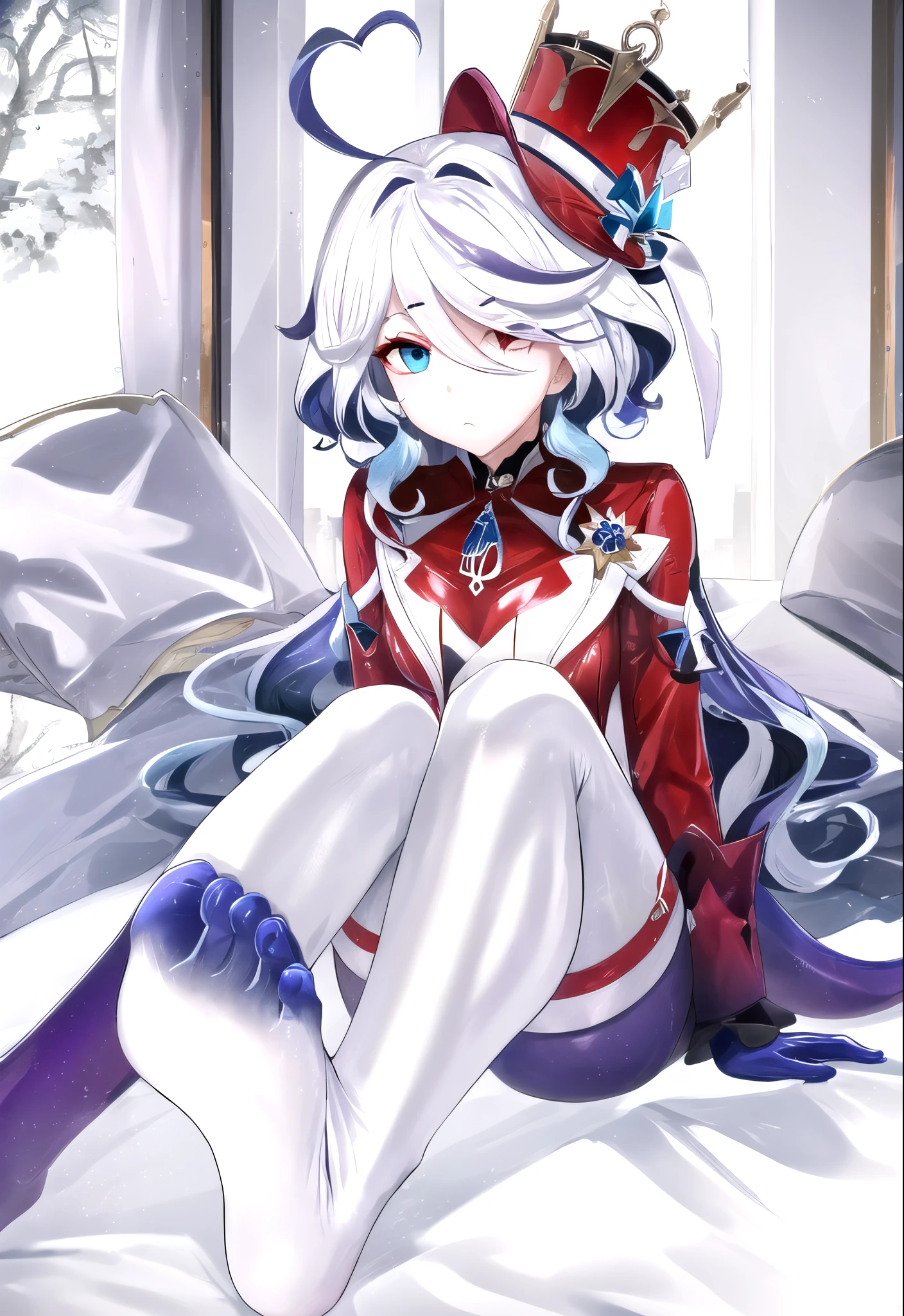 16k,The beautiful, On a table, Best quality at best, The facial details are particularly rich, perfect litthing,1 girl in、tightsuit, skin tight, latex,White jumpsuit,White jumpsuit, shinning clothes, Shiny, Cover the navel, steamy,tmasterpiece, Best quality, 1 Sister, Forina, genshin impact, White hair, Blue hair, White latex coat, abandoned city lock,hair covering one eye,((Gradient hair)), A thin body,Beautiful blood red eyeshadow,Wearing long white gloves:1.a purple eye:1 white hair, Blue hair:1.3, Ultra-detailed eyes