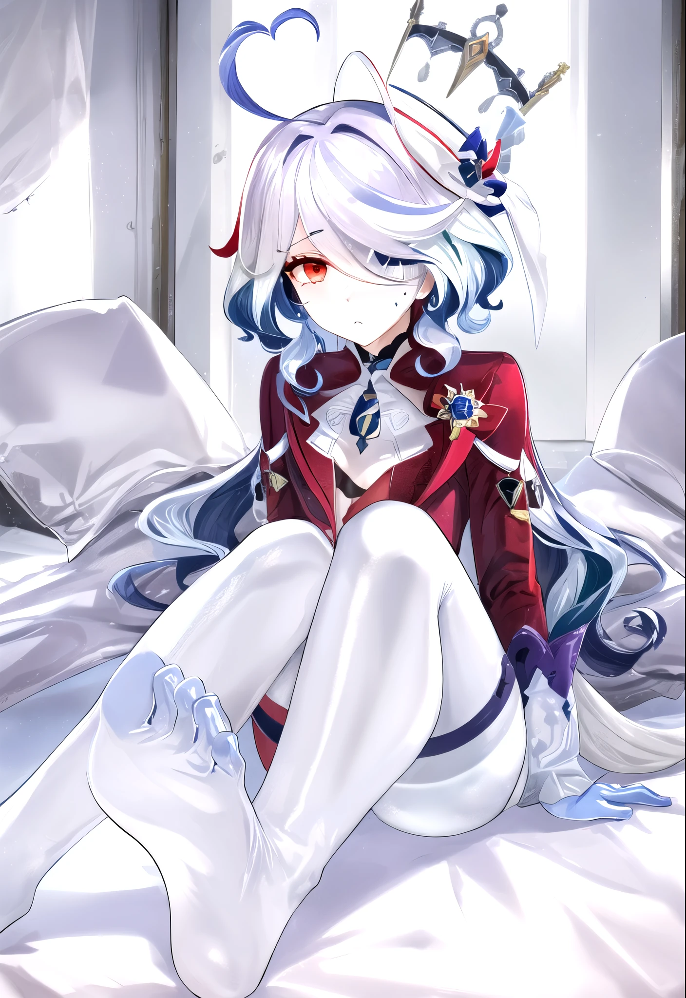 16k,The beautiful, On a table, Best quality at best, The facial details are particularly rich, perfect litthing,1 girl in、tightsuit, skin tight, latex,White jumpsuit,White jumpsuit, shinning clothes, Shiny, Cover the navel, steamy,tmasterpiece, Best quality, 1 Sister, Forina, genshin impact, White hair, Blue hair, White latex coat, abandoned city lock,hair covering one eye,((Gradient hair)), A thin body,Beautiful blood red eyeshadow,Wearing long white gloves:1.a purple eye:1 white hair, Blue hair:1.3, Ultra-detailed eyes