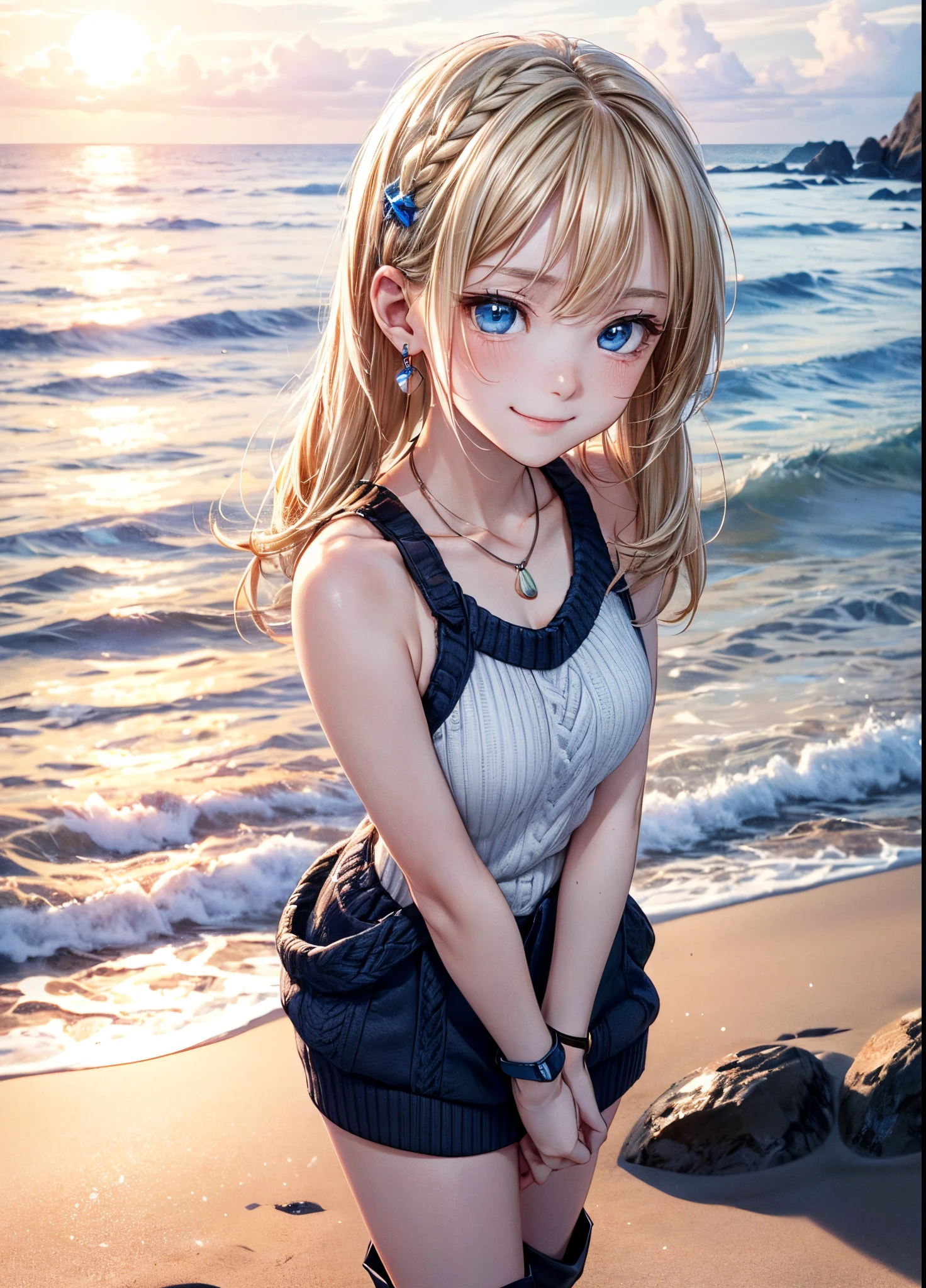 real, girl alone, blonde, very short hairstyle, short bomb, petite, purple eyes, shining eyes, cropped top, skirt, parted lips, blush, night, flower, sun, sunlight, white skirt, short skirt, medium length hair, realistic, warm color, white short dress, white clothes, light background color, daytime environment, bright color background, saudi, sea, cute,