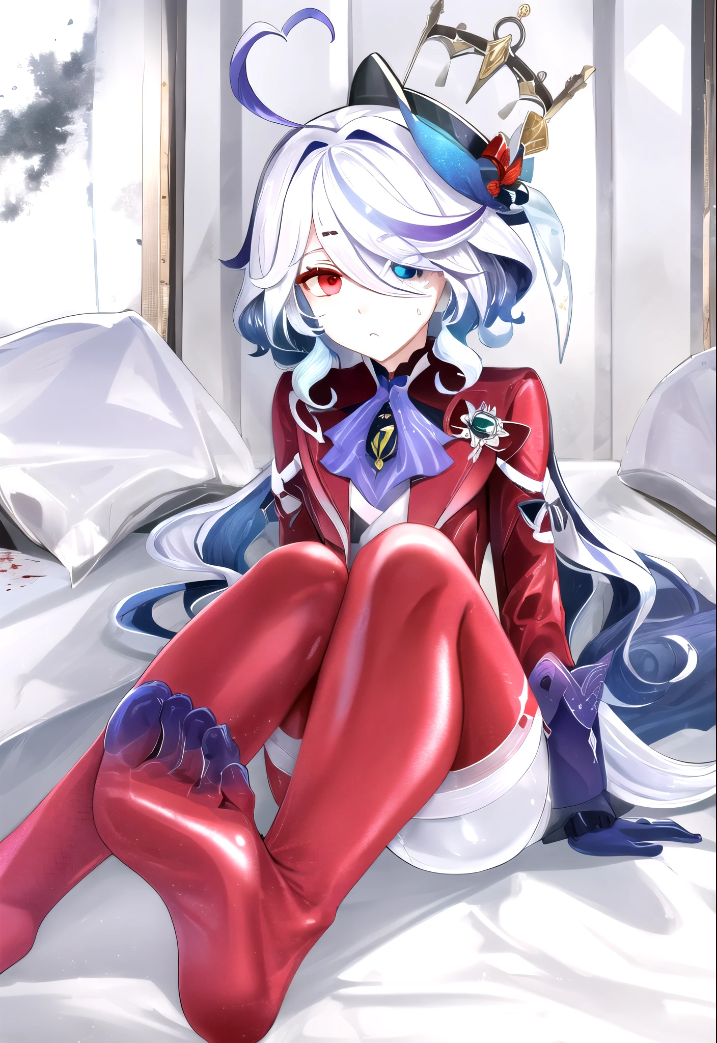 16k,The beautiful, On a table, Best quality at best, The facial details are particularly rich, perfect litthing,1 girl in、tightsuit, skin tight, latex,White jumpsuit,White jumpsuit, shinning clothes, Shiny, Cover the navel, steamy,tmasterpiece, Best quality, 1 Sister, Forina, genshin impact, White hair, Blue hair, White latex coat, abandoned city lock,hair covering one eye,((Gradient hair)), A thin body,Beautiful blood red eyeshadow,Wearing long white gloves:1.a purple eye:1 white hair, Blue hair:1.3, Ultra-detailed eyes