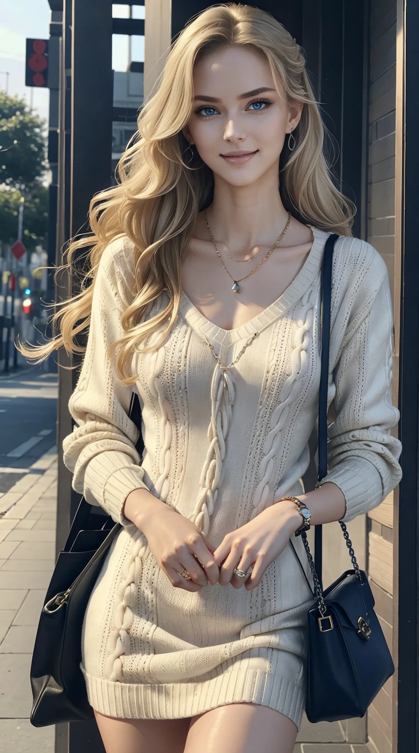 25-year-old Caucasian woman、ash blonde、blue eyess、Semi-long、setting hair、Hair is up、My hair is wavy、Slender but thin macho、accessories on the wrist、wearing a chain necklace、Beautiful breasts、a smile、Wearing a sweater dress、Holding a handbag in his hand