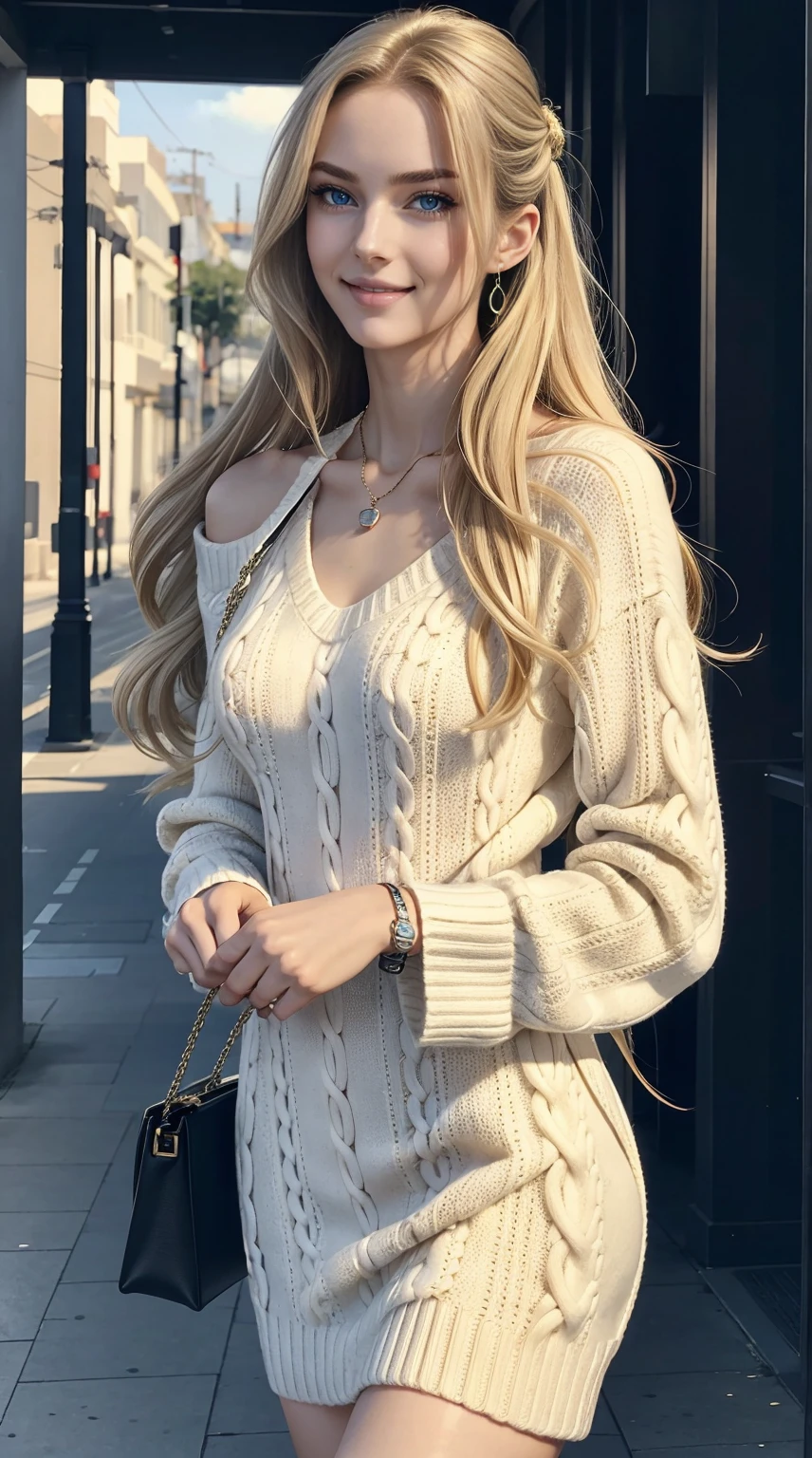 25-year-old Caucasian woman、ash blonde、blue eyess、Semi-long、setting hair、Hair is up、My hair is wavy、Slender but thin macho、accessories on the wrist、wearing a chain necklace、Beautiful breasts、a smile、Wearing a sweater dress、Holding a handbag in his hand