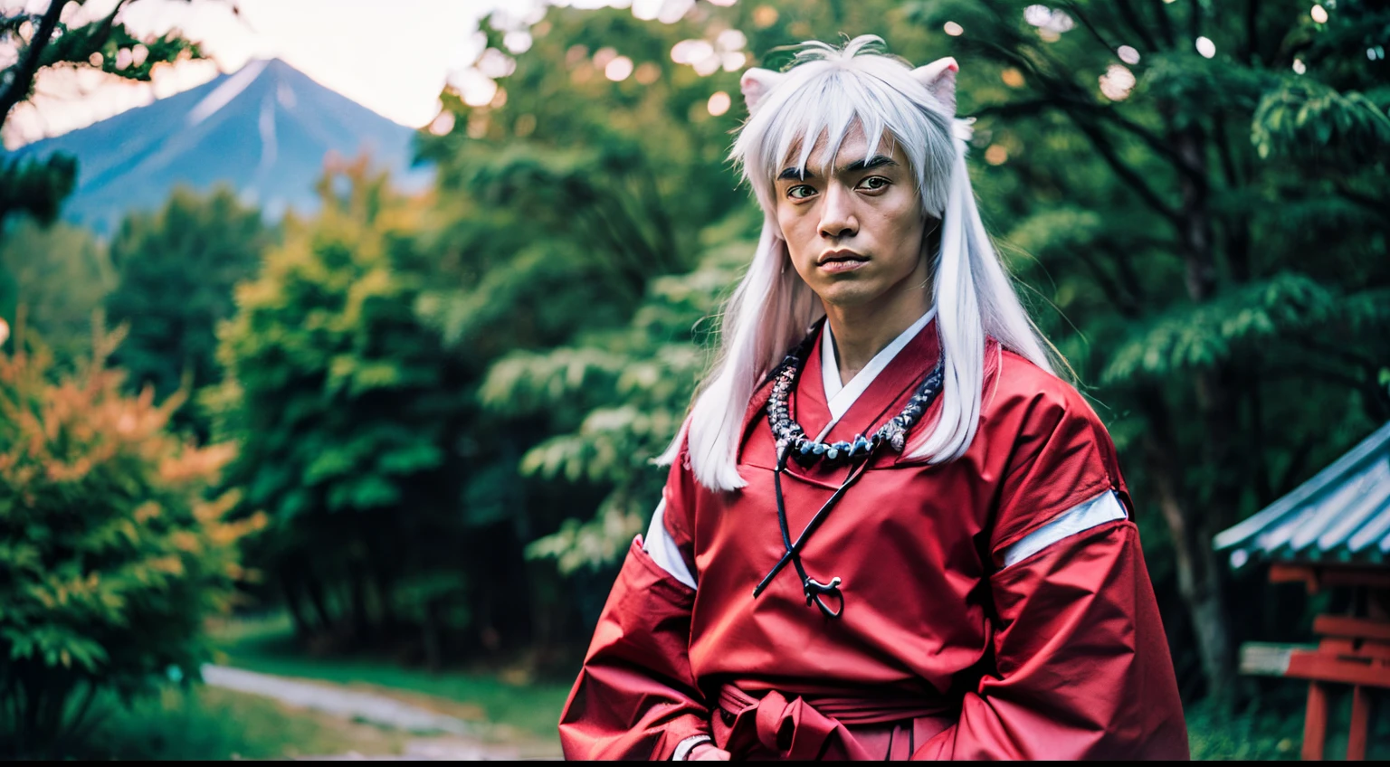 （of a guy, inuyasha, ((upper body, head turned to the side)), japanese forest with a shrine in the background,daytime, standing, detailed eyes, detailed face, handsome, ((young)), good looking