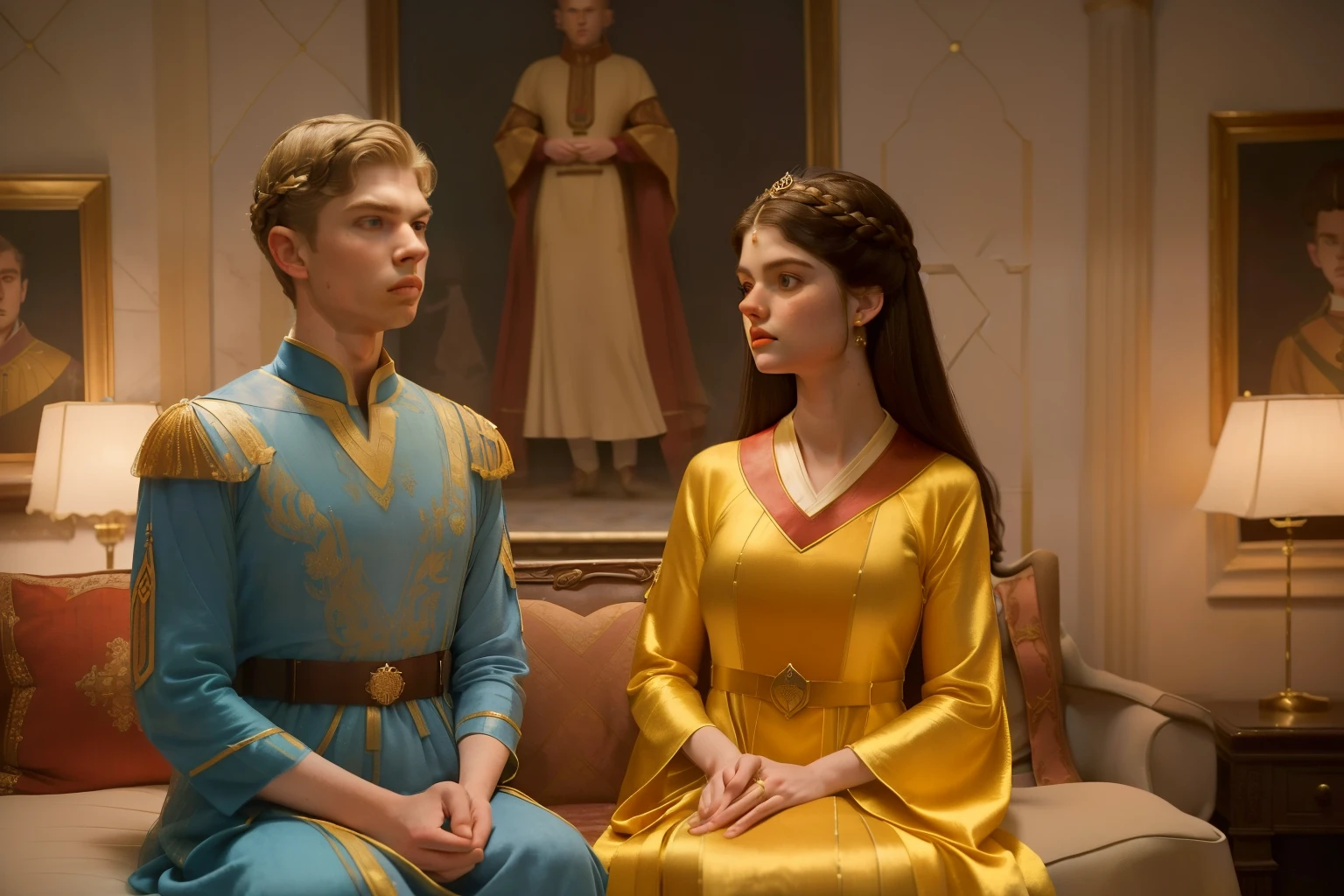 1136, Kingsbridge, England. otherworldly scene in a luxurious mansion, ((((-yeld)) xandra Daddario)), with ((((18-year-old)) Hunter Parrish)), arguing, tense, ((((tunic and gown from the 12th century)))), ((Hairstyle of the 12th century)), ((Wes Anderson cinematic style)), colorful