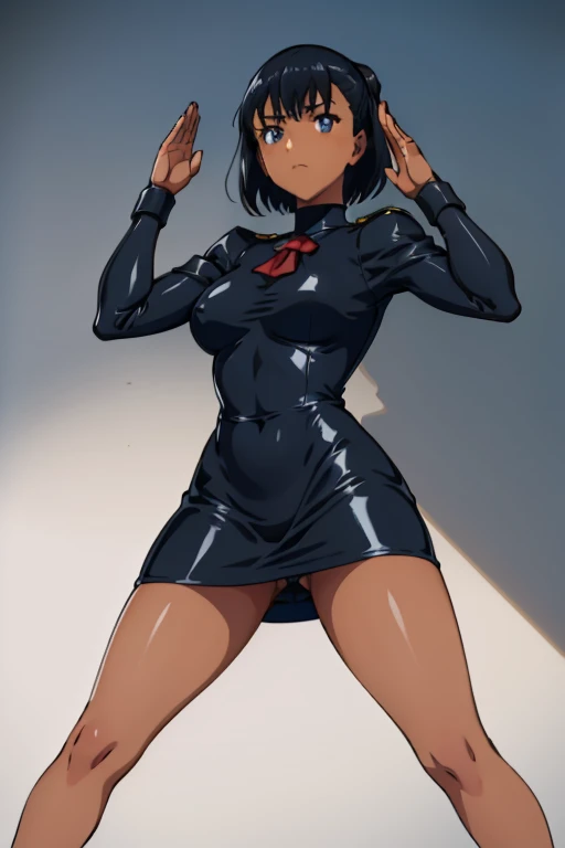 Masterpiece, Best Quality, Highly detailed, illustration, absurdres, agent aika, black delmo uniform, jacket pencil skirt, miniskirt, extremely glossy latex, puffy sleeves, tight miniskirt, latex, Beautiful body, Beautiful Nose, Beautiful character design, perfect eyes, perfect face, beautiful legs, perfect legs, Nice hands, Perfect hand, 1girl, solo, expressionless, blank eyes, looking at viewer, emotionless, black latex, corrution, mind control, female combatant, full body, hypnotized, unhappy trance, perfect female body, hypnosis, hypnoLora, empty eyes, Mind control device, poses, submissive_pose, standing, standing at attention, standing at attention, nazi saluting, military saluting, salute, SummerTime Rendering, Kofune Mio, dark skin, black hair, short hair