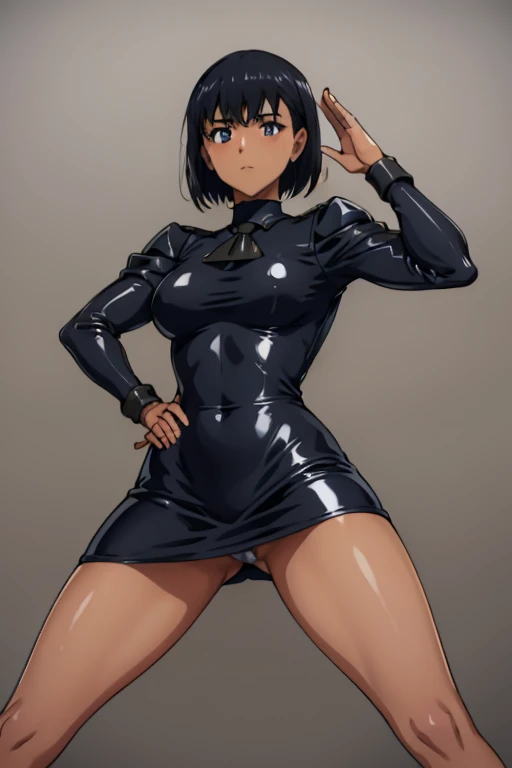 Masterpiece, Best Quality, Highly detailed, illustration, absurdres, agent aika, black delmo uniform, jacket pencil skirt, miniskirt, extremely glossy latex, puffy sleeves, tight miniskirt, latex, Beautiful body, Beautiful Nose, Beautiful character design, perfect eyes, perfect face, beautiful legs, perfect legs, Nice hands, Perfect hand, 1girl, solo, expressionless, blank eyes, looking at viewer, emotionless, black latex, corrution, mind control, female combatant, full body, hypnotized, unhappy trance, perfect female body, hypnosis, hypnoLora, empty eyes, Mind control device, poses, submissive_pose, standing, standing at attention, standing at attention, nazi saluting, military saluting, salute, SummerTime Rendering, Kofune Mio, dark skin, black hair, short hair