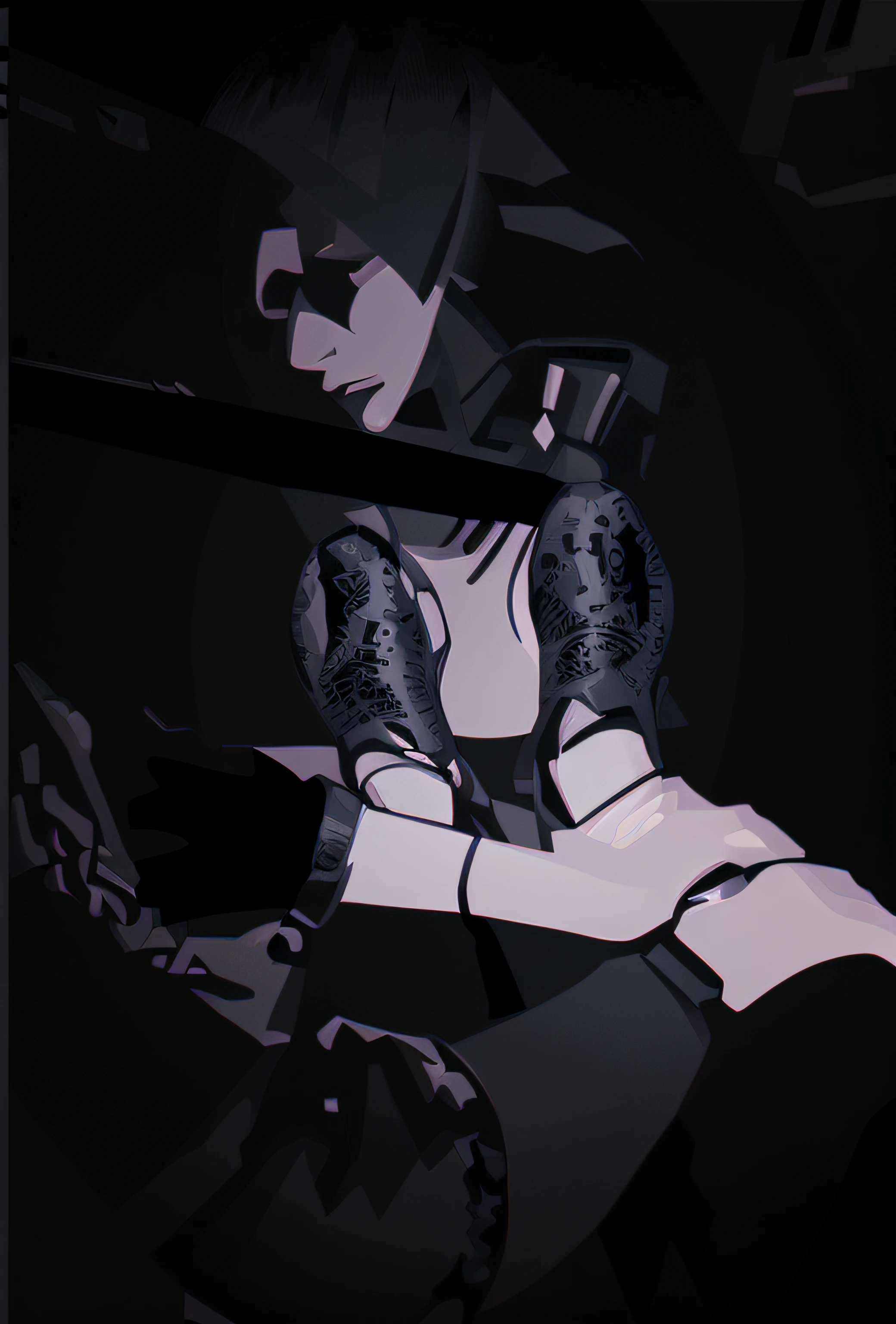 (masterpiece, best quality)), ((((perfect anatomy)))), Caucasian android woman with short silver hair, ((elaborate black dress)) (((white high cut leotard))), big butt, black eye-band, white and black gloves, digital black pattern background, (((comic book art style)))