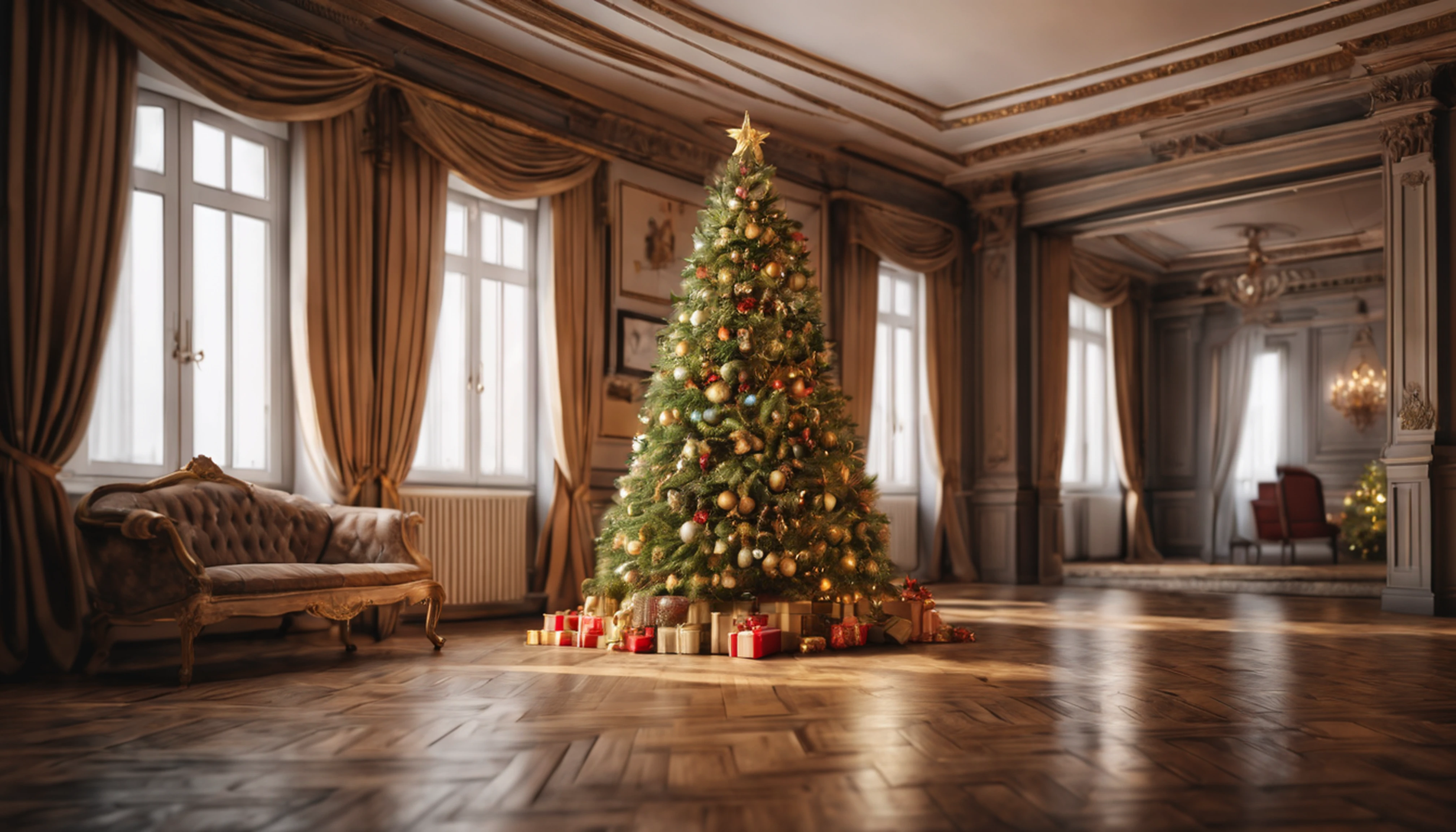 Breathtaking cinematic photo of a real Hyperrealistic christmas tree standing in an antique baroque interior, multi-colored lights and golden Christmas tree decorations on the christmas tree, candlelights, extremely high-resolution details, photorealism, realistic lifelike textures, masterpiece, best quality, sharp focus, photorealism, photorealistic, 8k, volumetric light, (intricate details), hdr, high detailed, high quality, soft cinematic light, dramatic atmosphere, atmospheric perspective, ultra realistic, neutral colors, cinematic lighting, wide angle, film grain, dslr, raw photo,