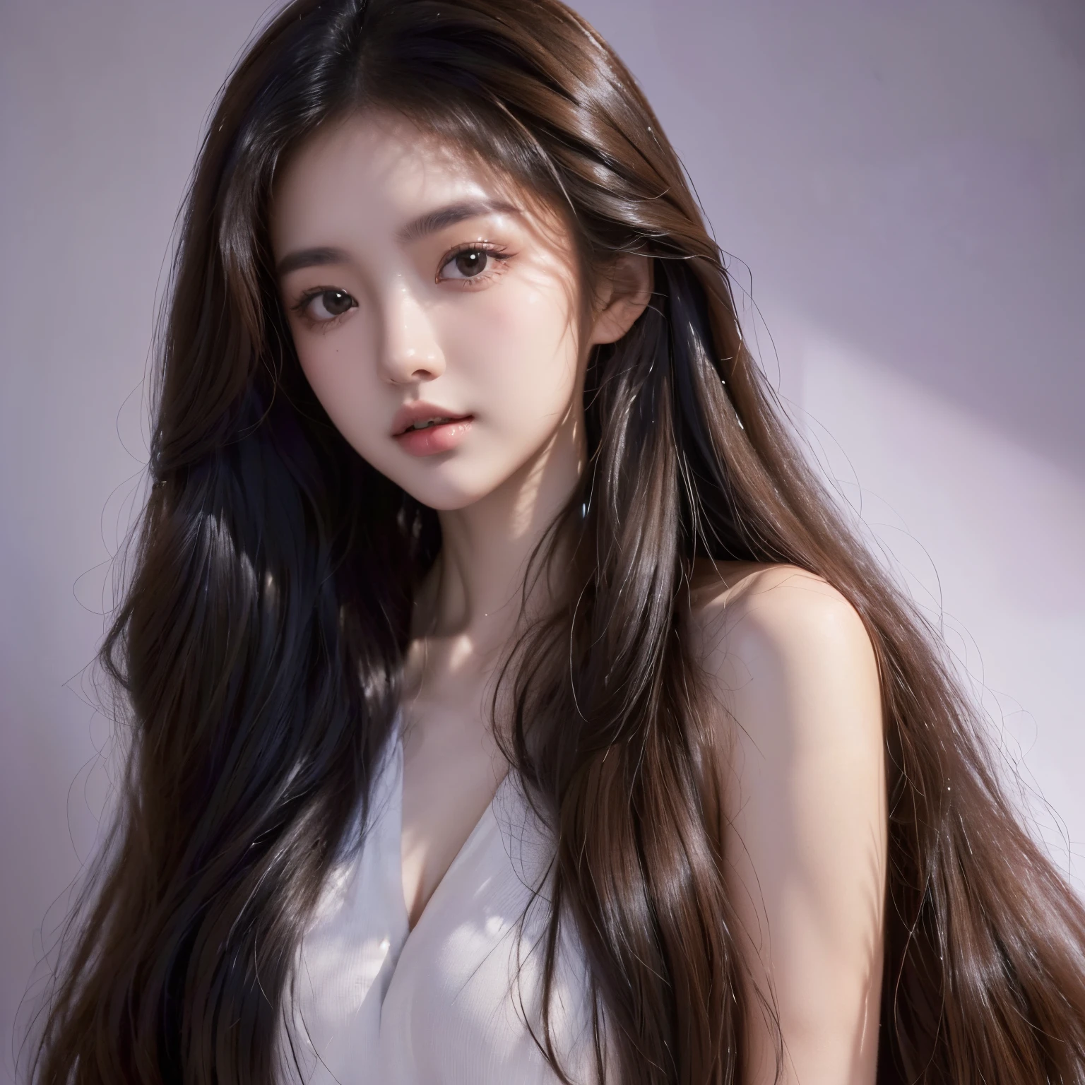(tmasterpiece, Best quality, A high resolution:1.4), Wallpapers, Delicate facial features, A girl with long hair, Half body with slightly curly hair and expressionless face