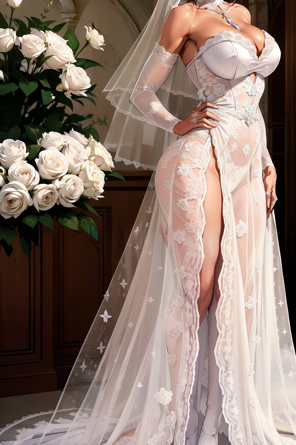 Masterpiece, Best quality, Art officiel, detailed background, pieds hors cadre, first-person view, 1 mature girl,(Sinueuse),(debout),(Localisez a bouquet de bride blanc:1.14),(main tendue,Paume tournée vers le haut:1.14),(bride, Bridal veil, bridal gauntlets, wedding dress, Nuptiale Jarretiere, Legwear de bride, cuisses blanches:1.12),(cheveux lcourts bruns:1.12), (Ahoge:1.13), (yeux marrons:1.13), Regarder le spectateur, huge breasts,(clivage),beau visage,(rougir:1.11),(sourire:1.11), Indoor, (Noces), church, (The light of the soleil crosses the Vitraux), (foule),