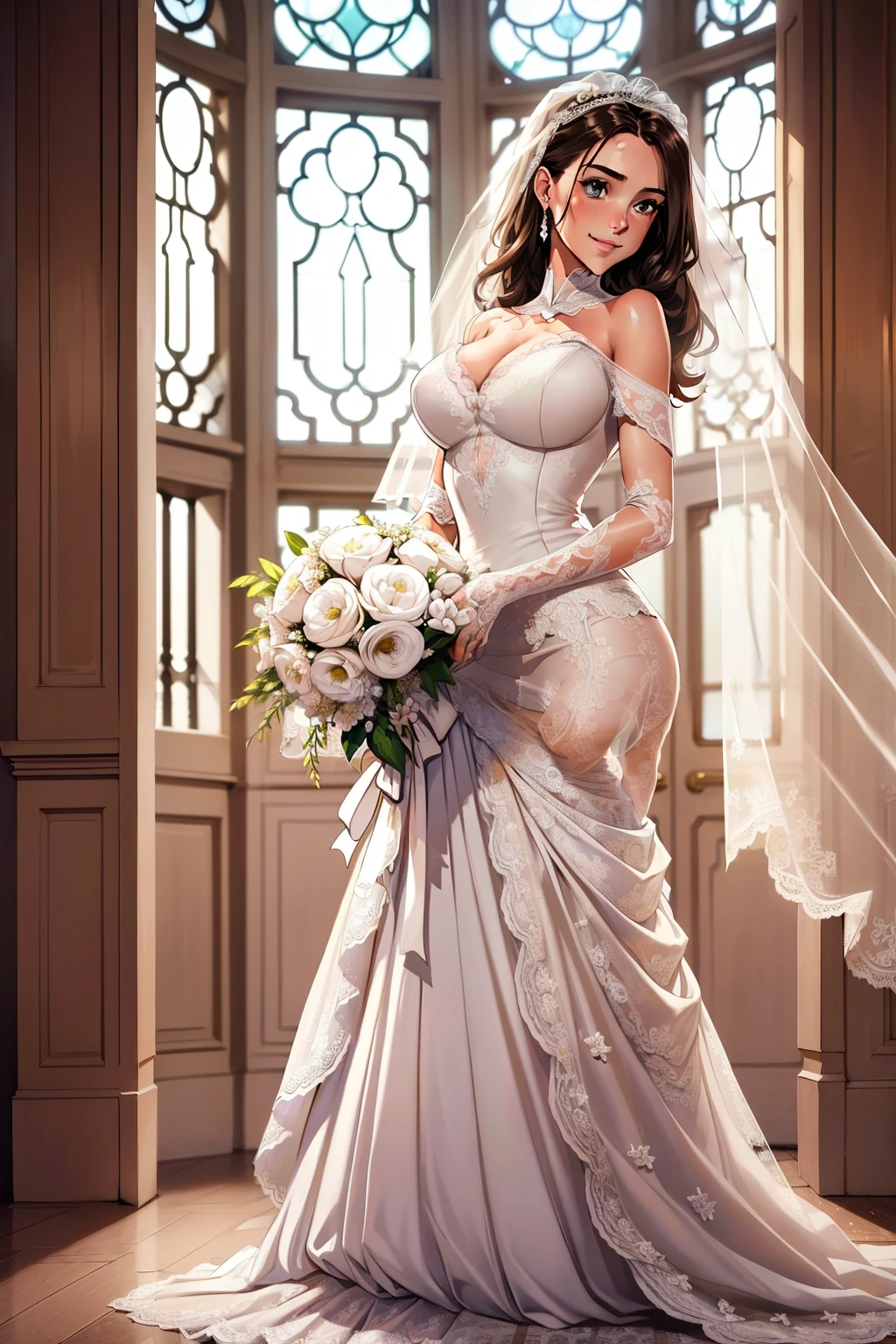 Masterpiece, Best quality, Art officiel, detailed background, pieds hors cadre, first-person view, 1 mature girl,(Sinueuse),(debout),(Localisez a bouquet de bride blanc:1.14),(main tendue,Paume tournée vers le haut:1.14),(bride, Bridal veil, bridal gauntlets, wedding dress, Nuptiale Jarretiere, Legwear de bride, cuisses blanches:1.12),(cheveux lcourts bruns:1.12), (Ahoge:1.13), (yeux marrons:1.13), Regarder le spectateur, huge breasts,(clivage),beau visage,(rougir:1.11),(sourire:1.11), Indoor, (Noces), church, (The light of the soleil crosses the Vitraux), (foule),